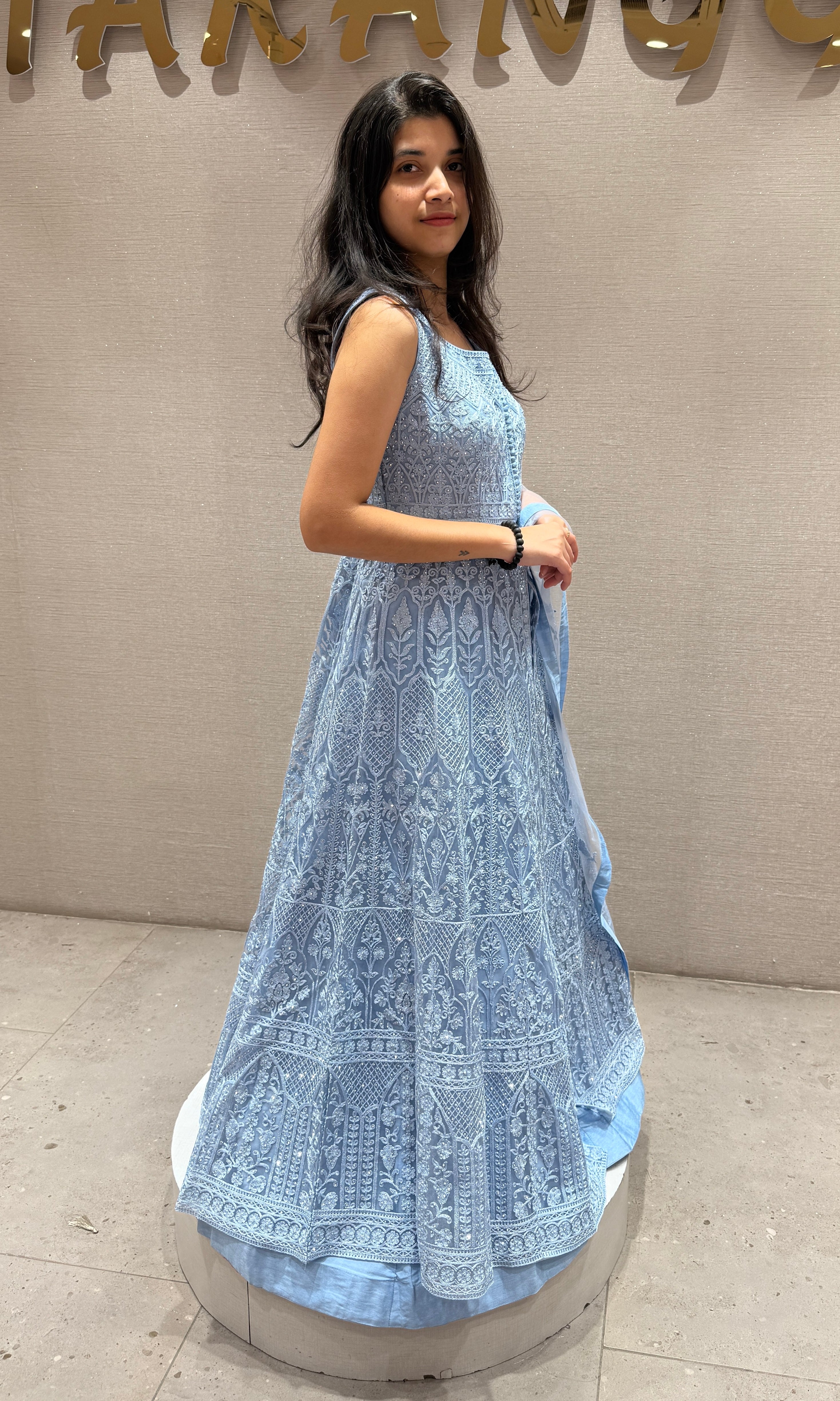 Sea blue EMBROIDERED front slit Anarkali