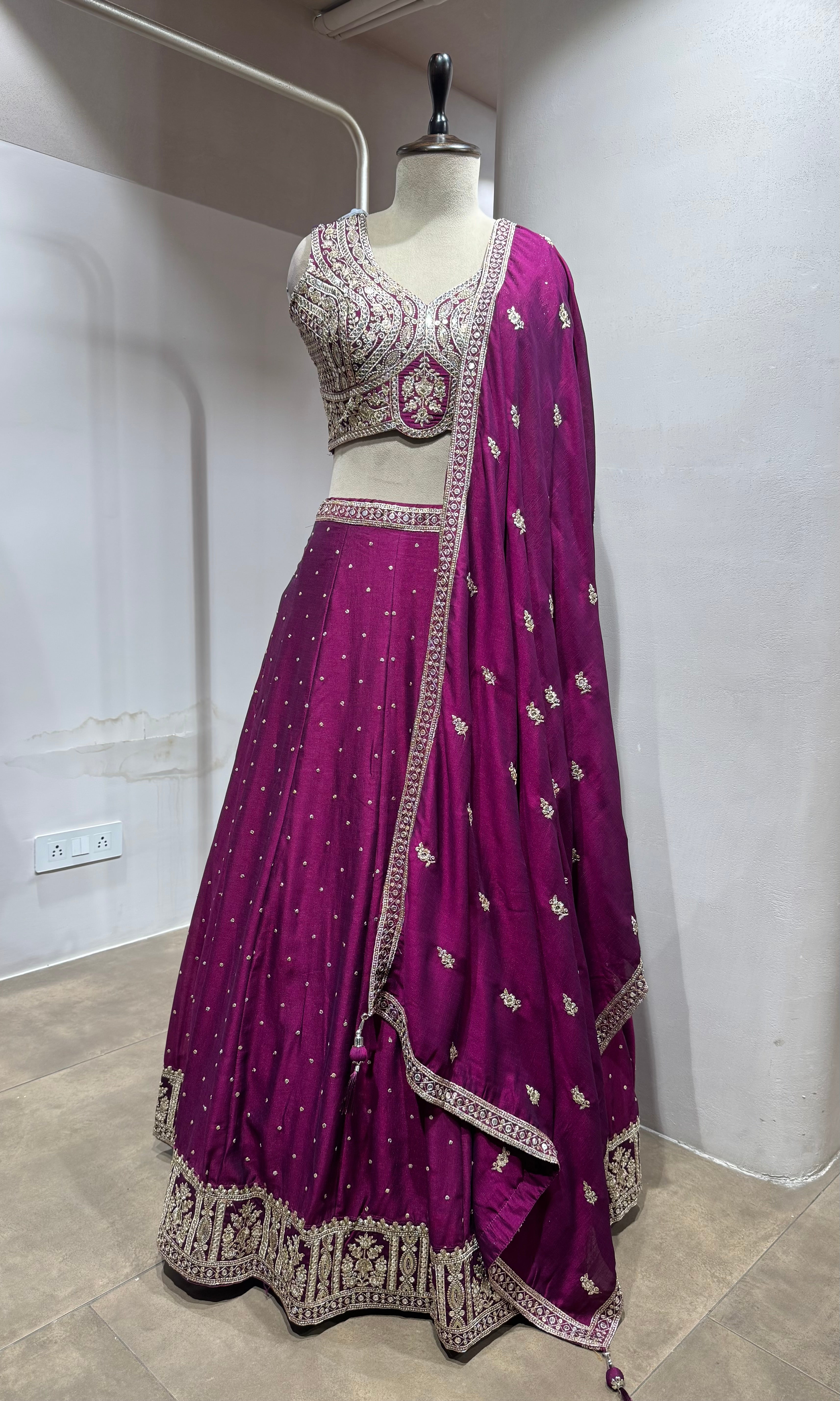 Wine Floral Intricate Embroidery Lehenga