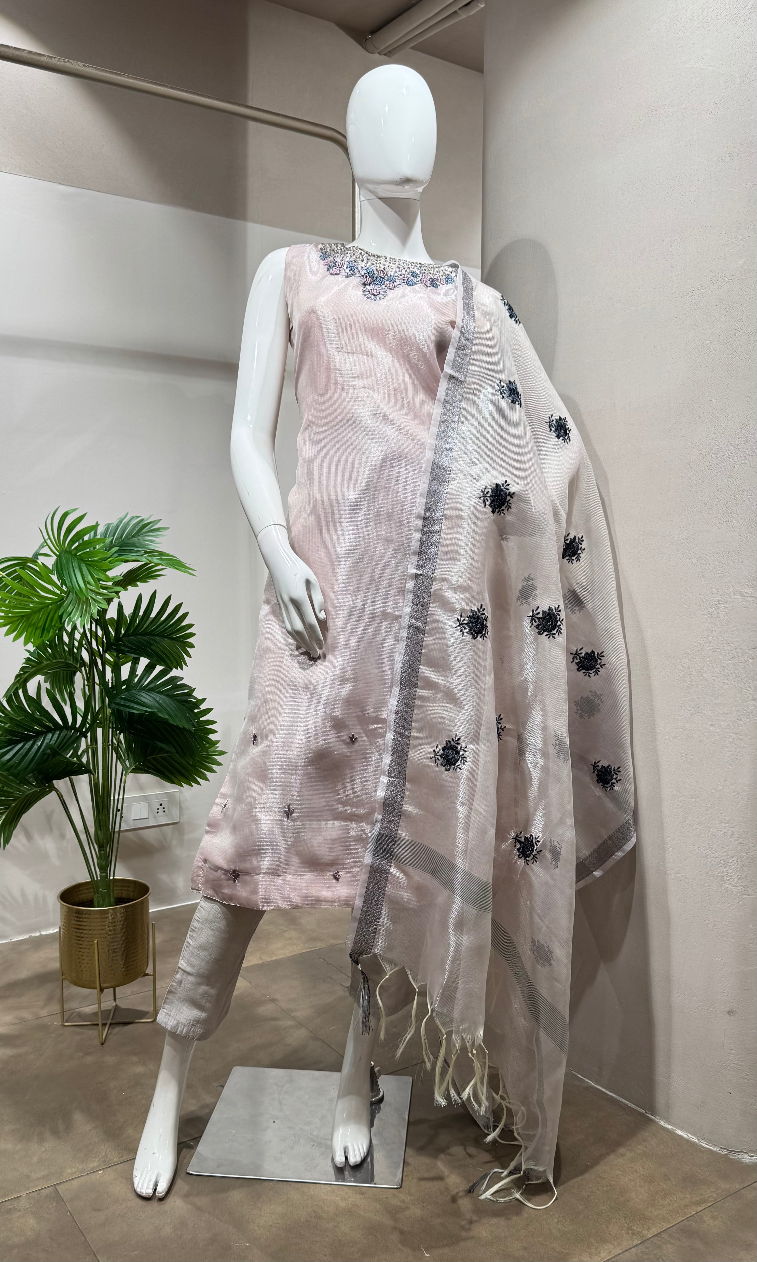Baby Pink Embroidered Kota Kurta set