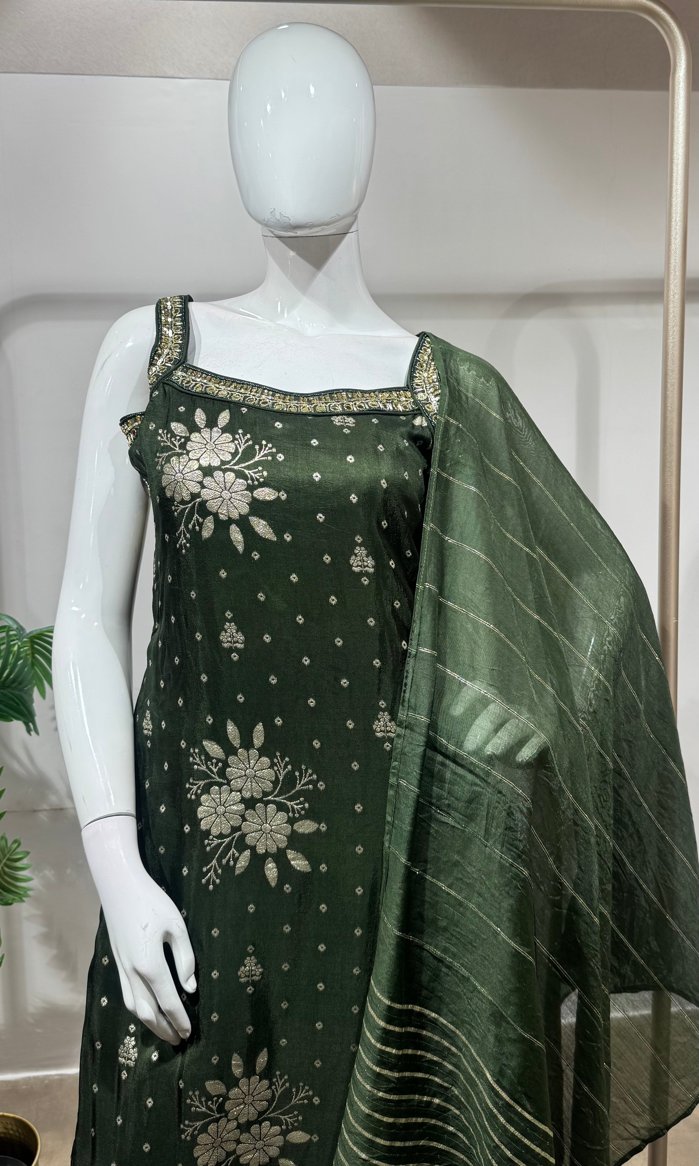 Green Embroidered Silk kurta set