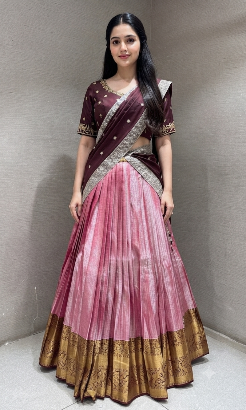 Brown And pink banarasi pattu lehenga with embroidered blouse