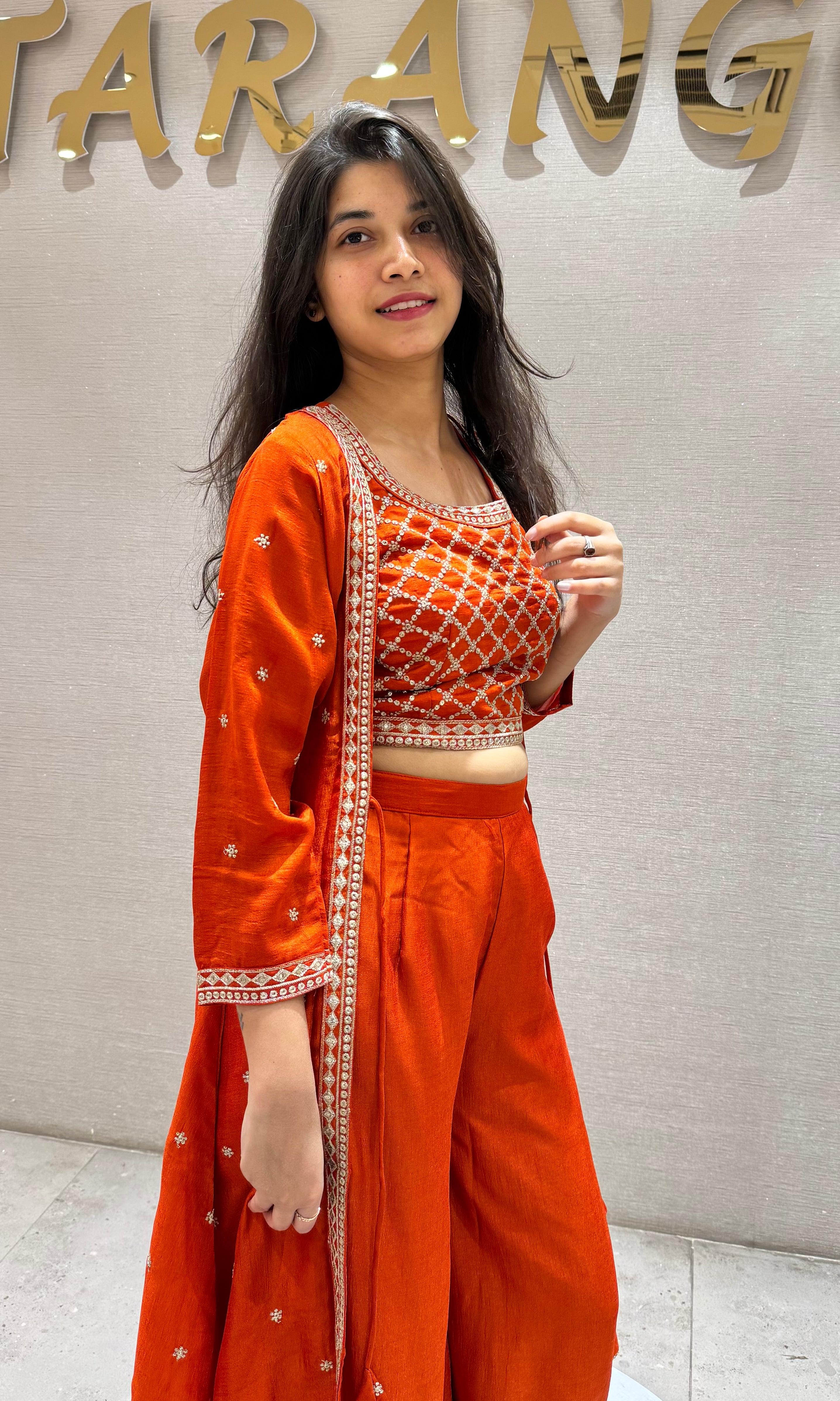 Orange EMBELLISHED CROP TOP PALAZZO SET