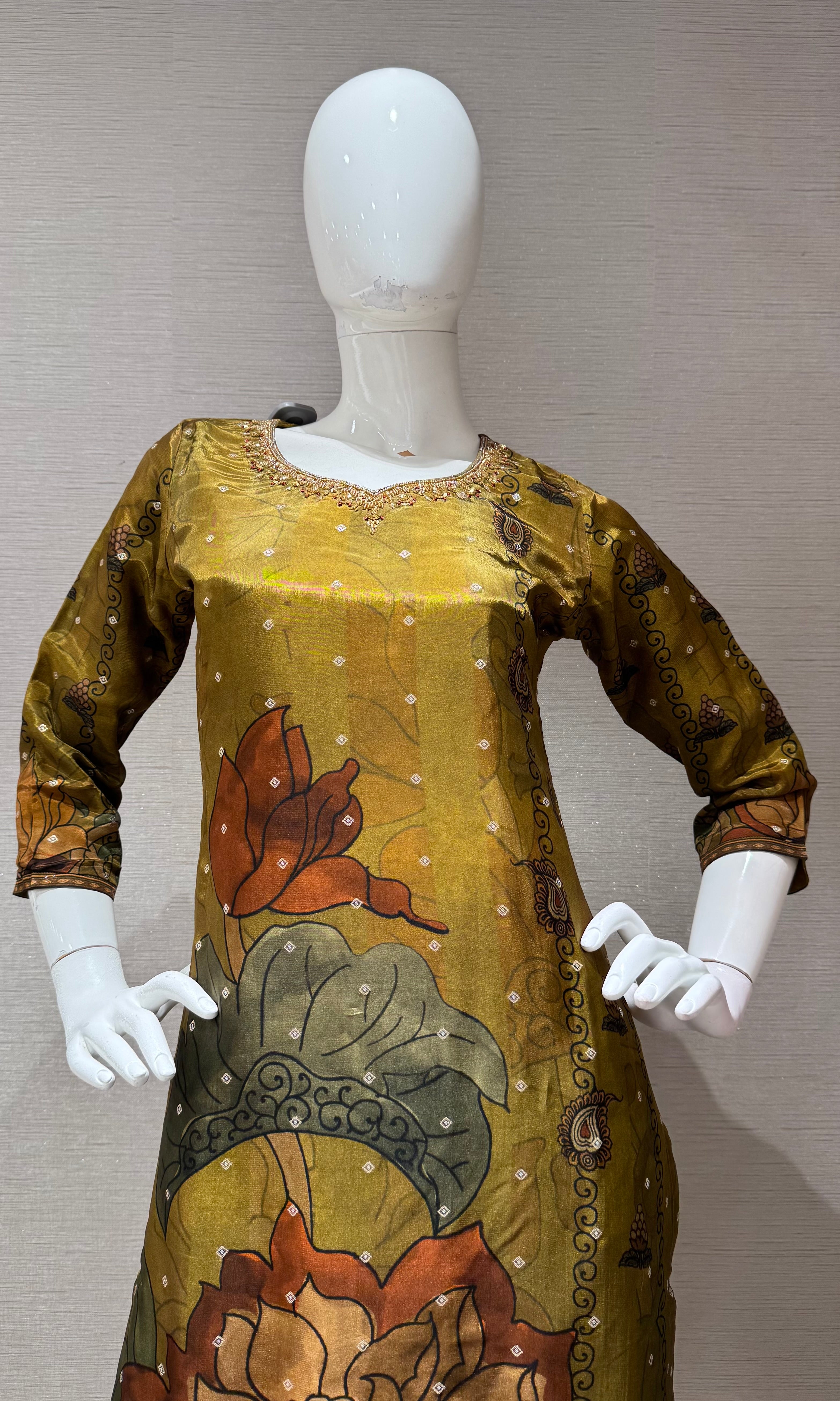 Green Floral Digital Print Silk kurti with bottom