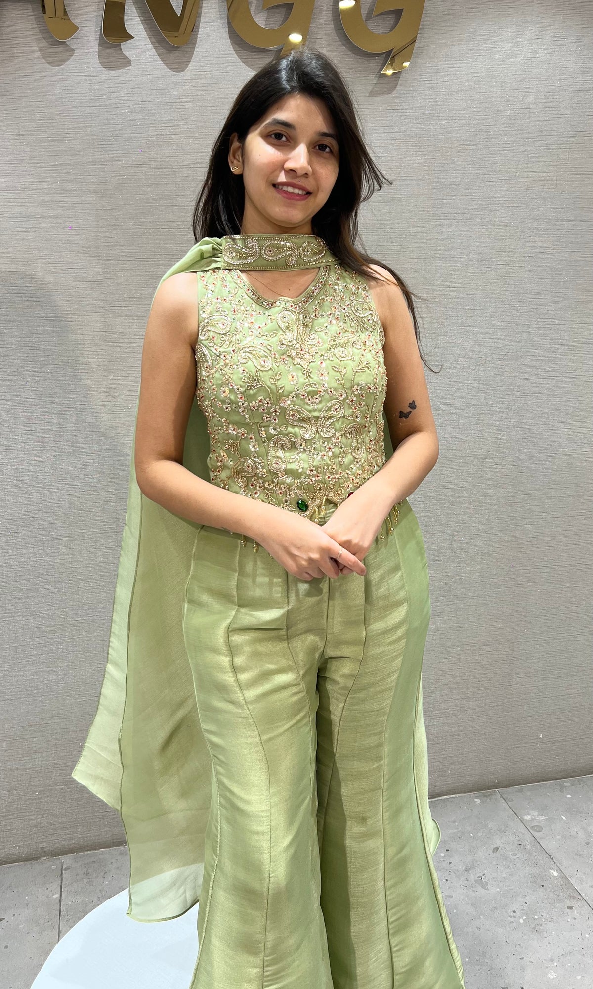 Pista Green shimmer Embellished Palazzo set