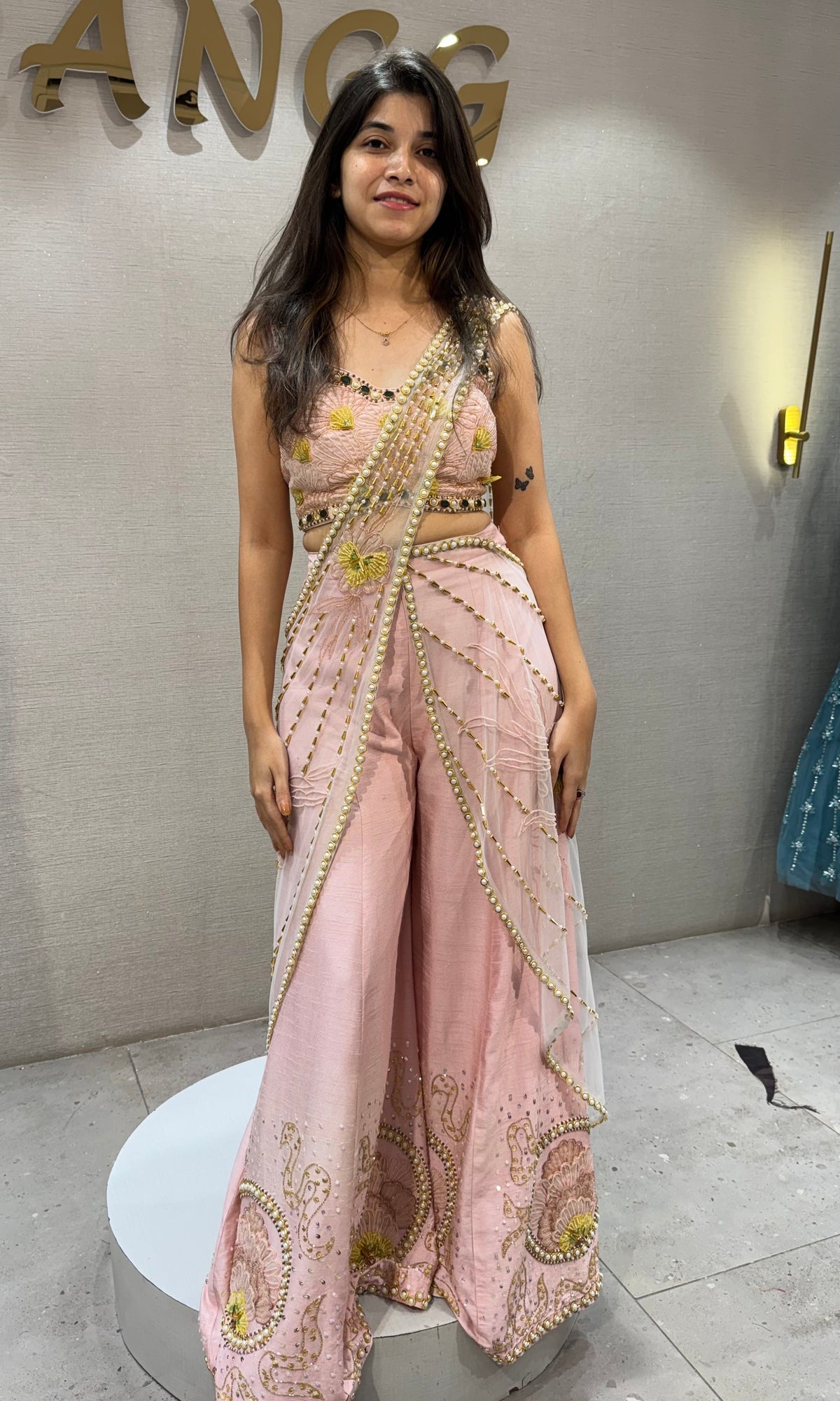 Baby pink palazzo with draped pallu