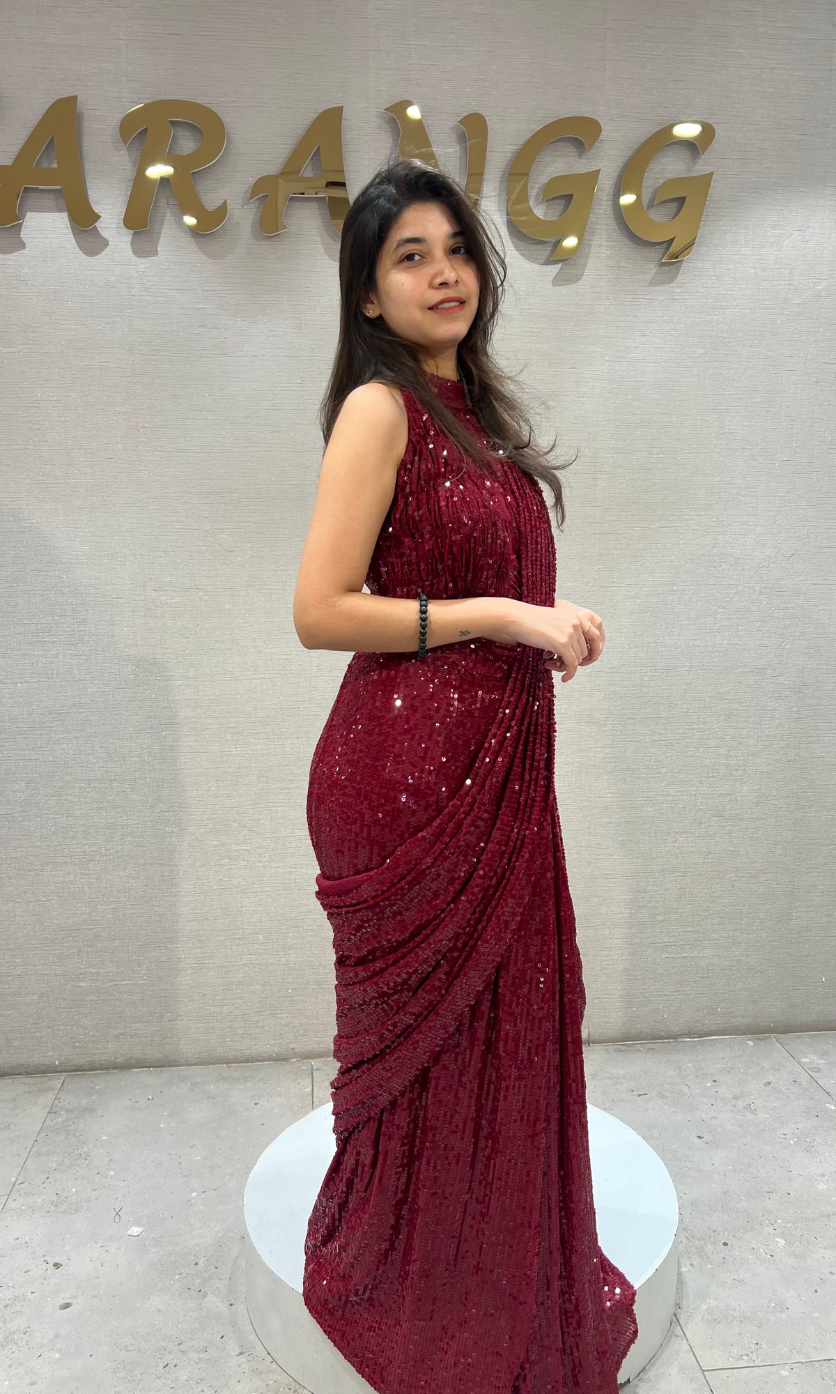 Maroon Georgette Sequined Draped Saree