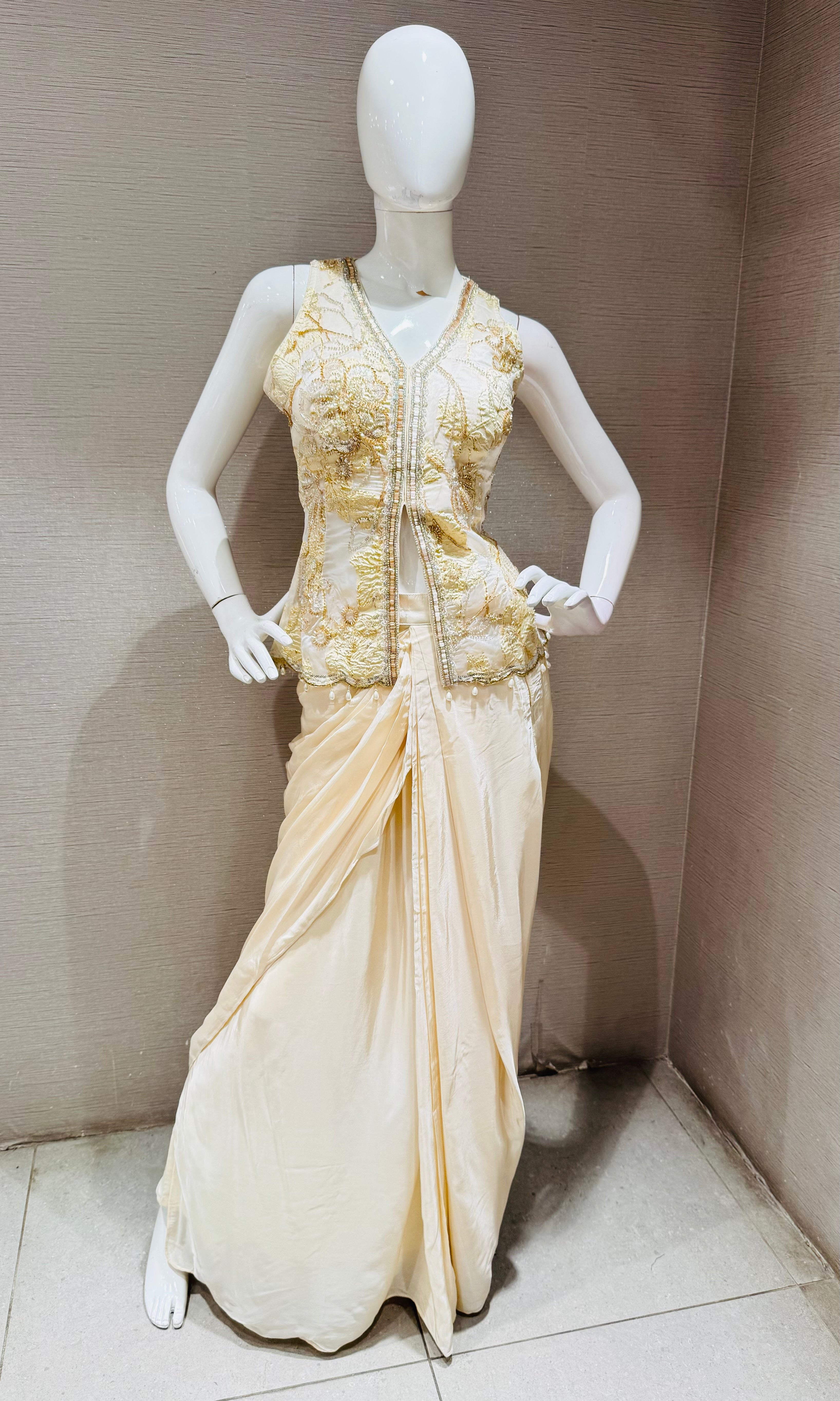 Cream gold embroidered jacket and draped skirt