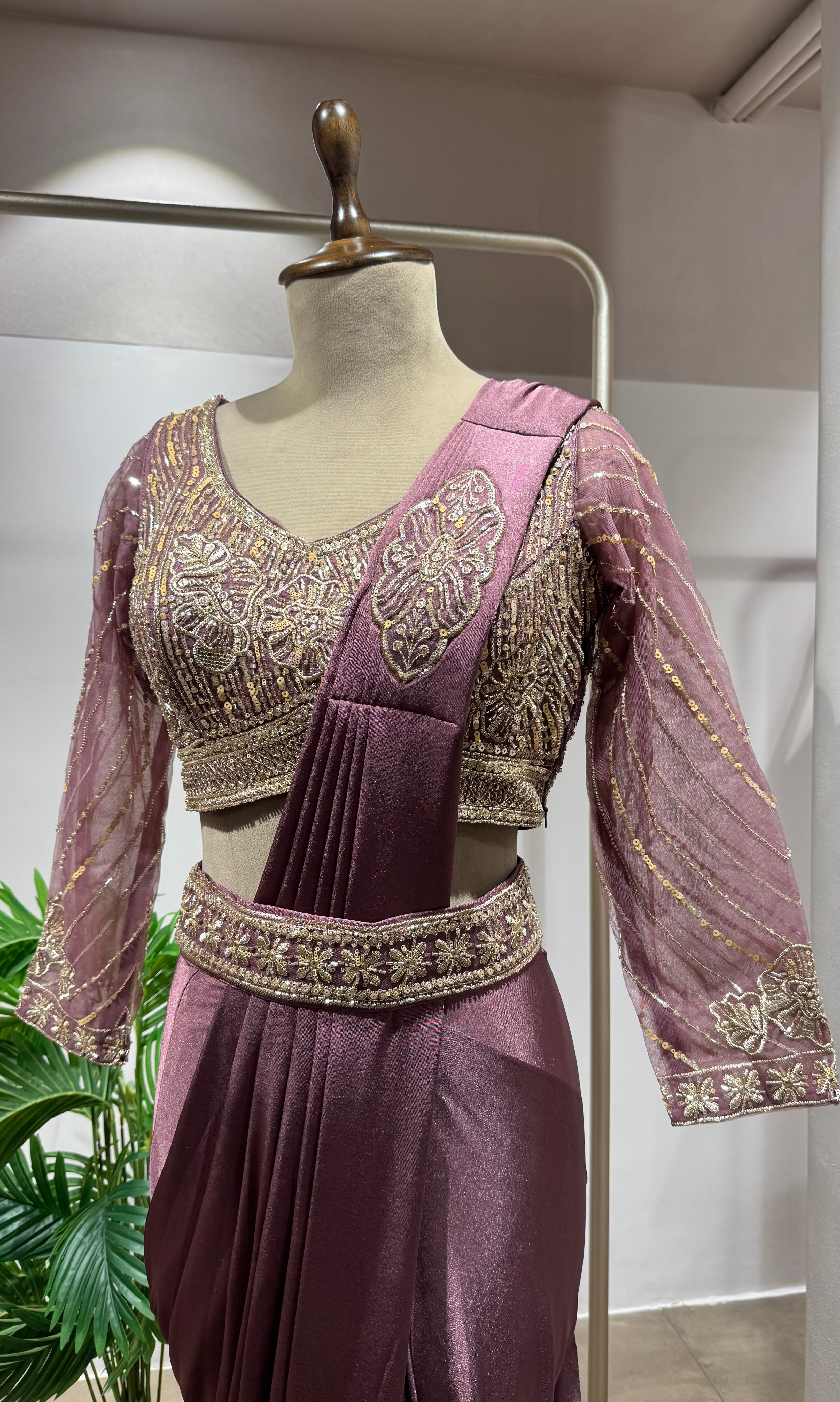 WINE DRAPE SAREE WITH ETHNIC BLOUSE & BELT