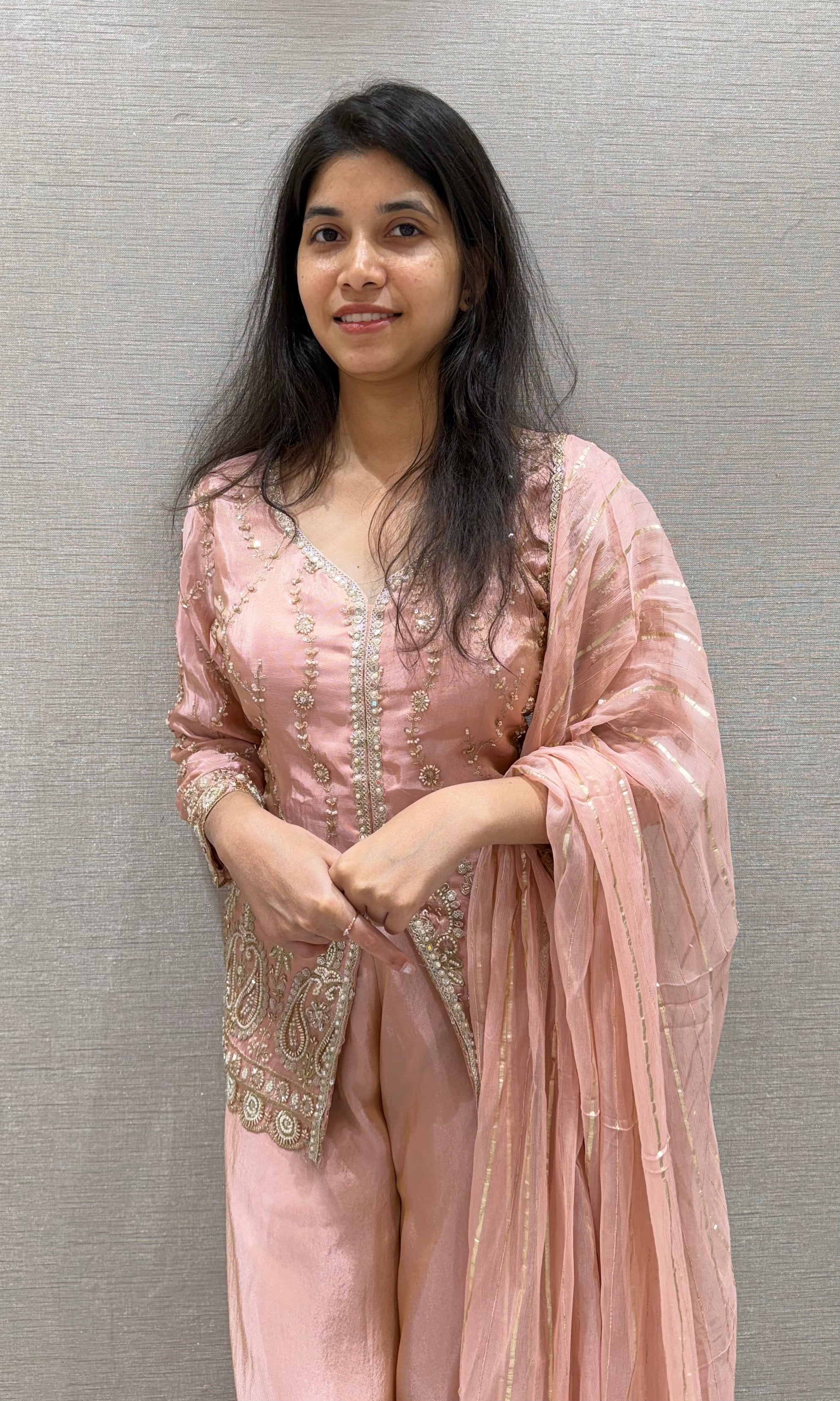 Peach EMBROIDERED PEPLUM PALAZZO SET