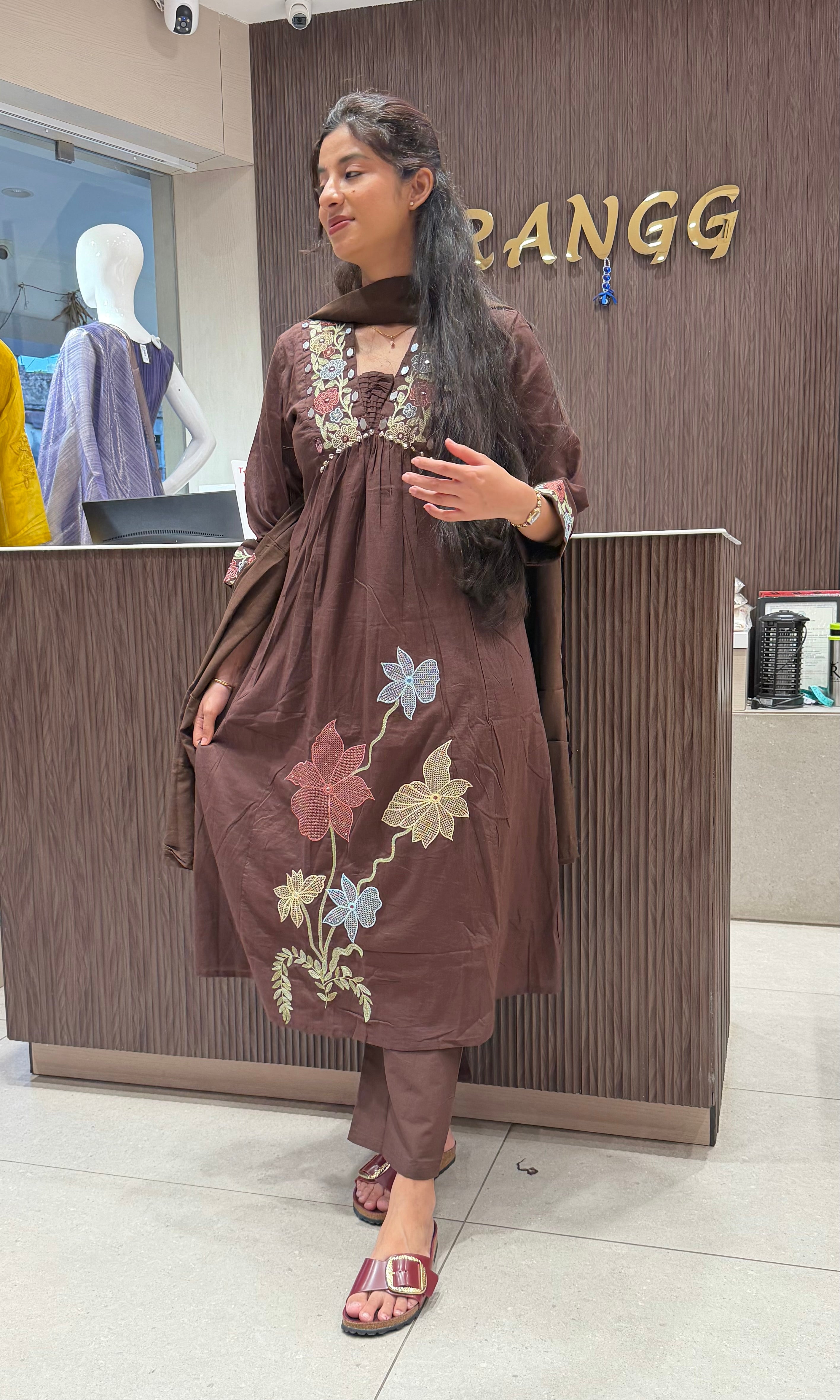 Brown Floral Embroidered Kurta set