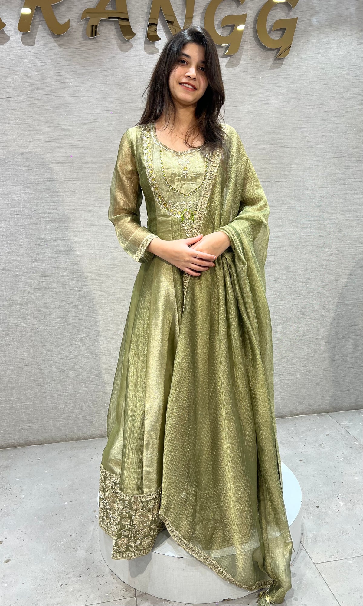 Olive Green Shimmer Embroidered Anarkali set with dupatta