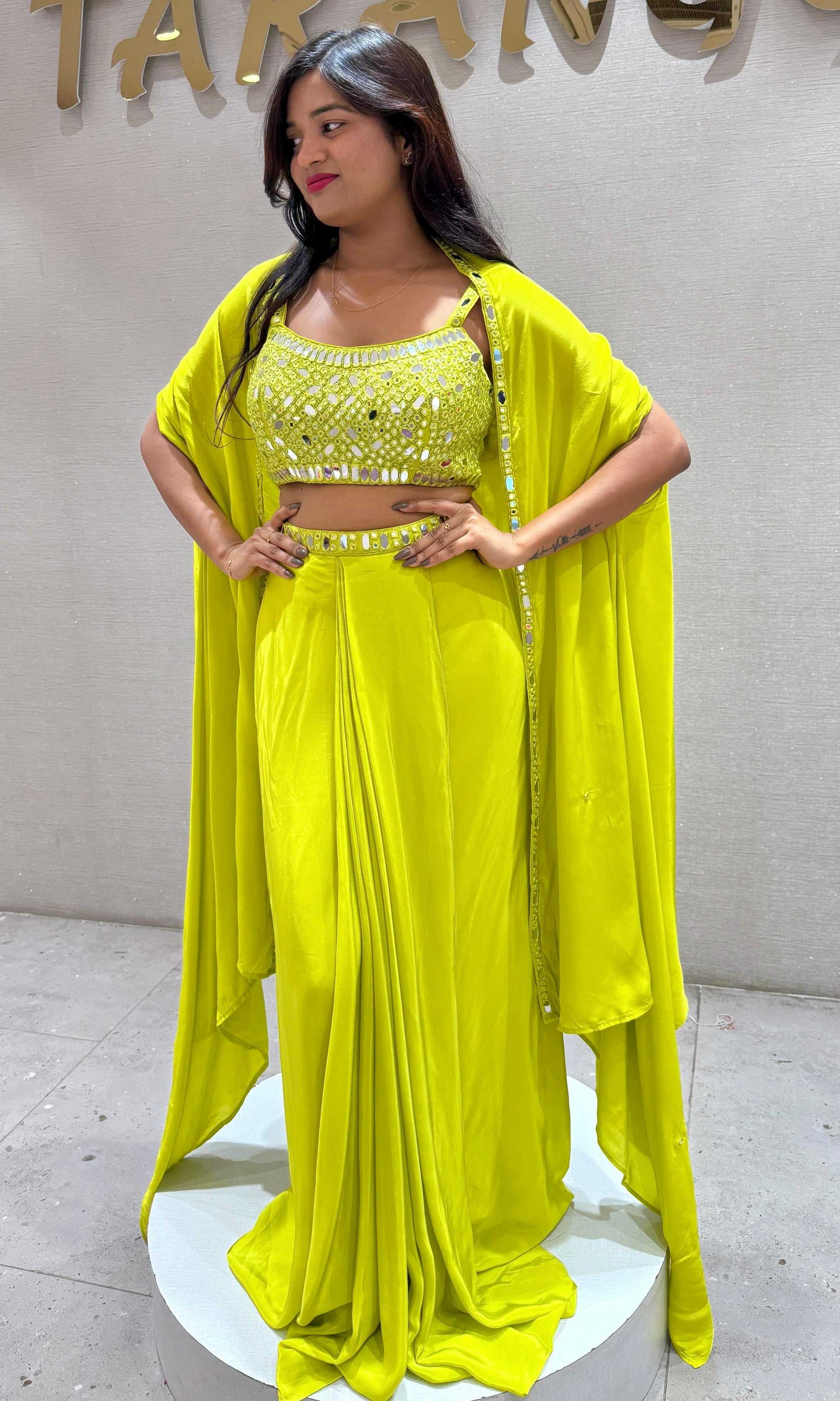 GREEN 3 PIECE INDO WESTERN DRESS, CAPE CROP TOP SKIRT