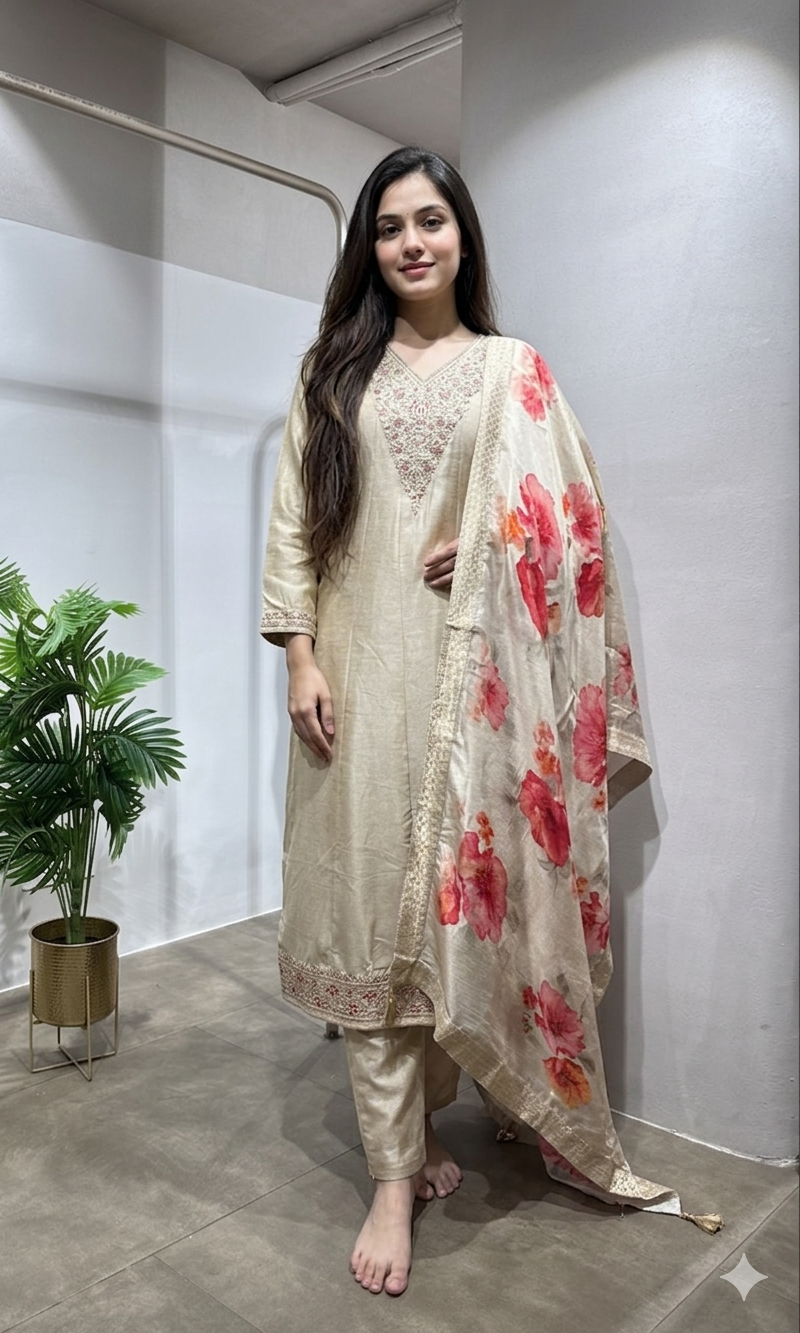 Cream Chanderi Silk Anarkali set