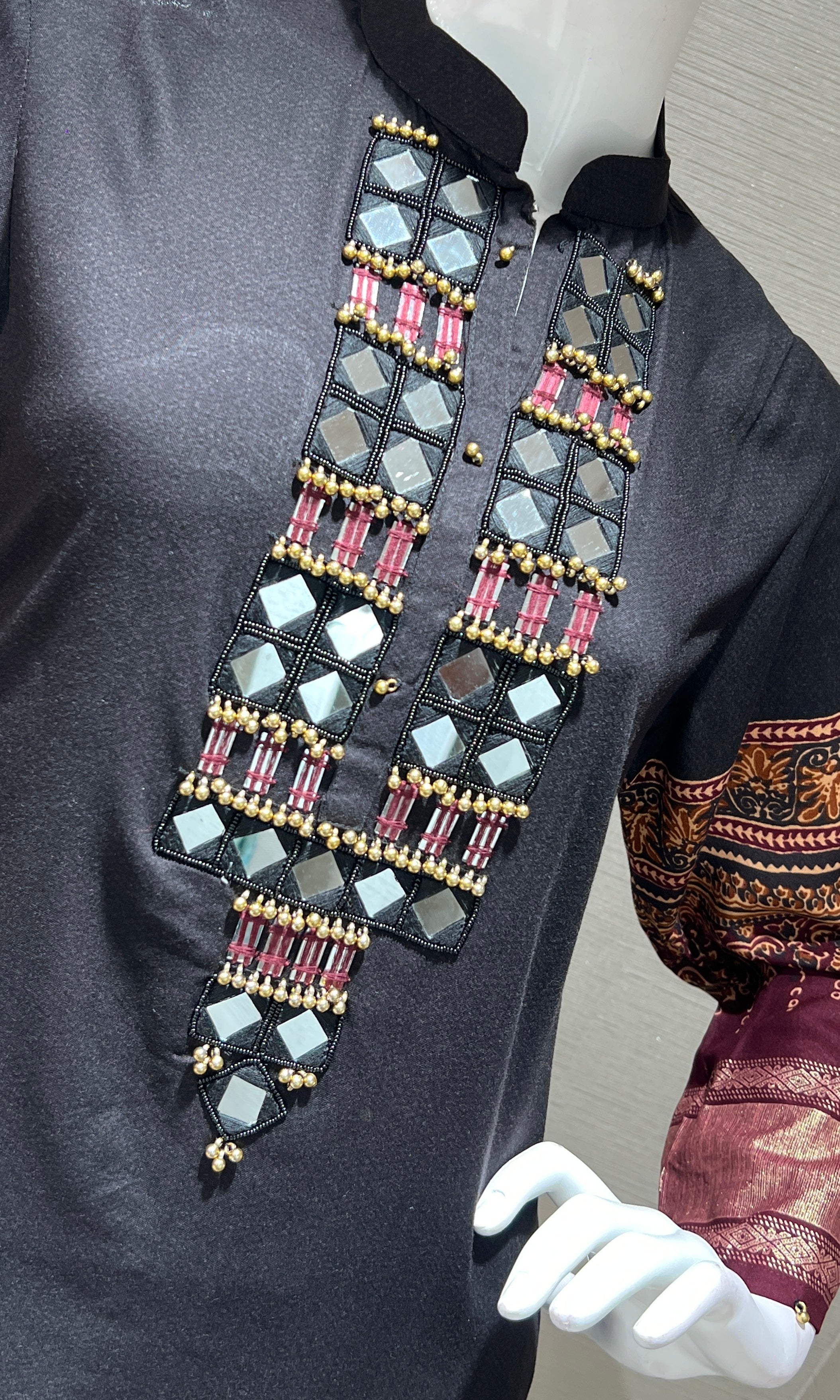 Black Mirror Neck Kurta & Printed Pants cord set