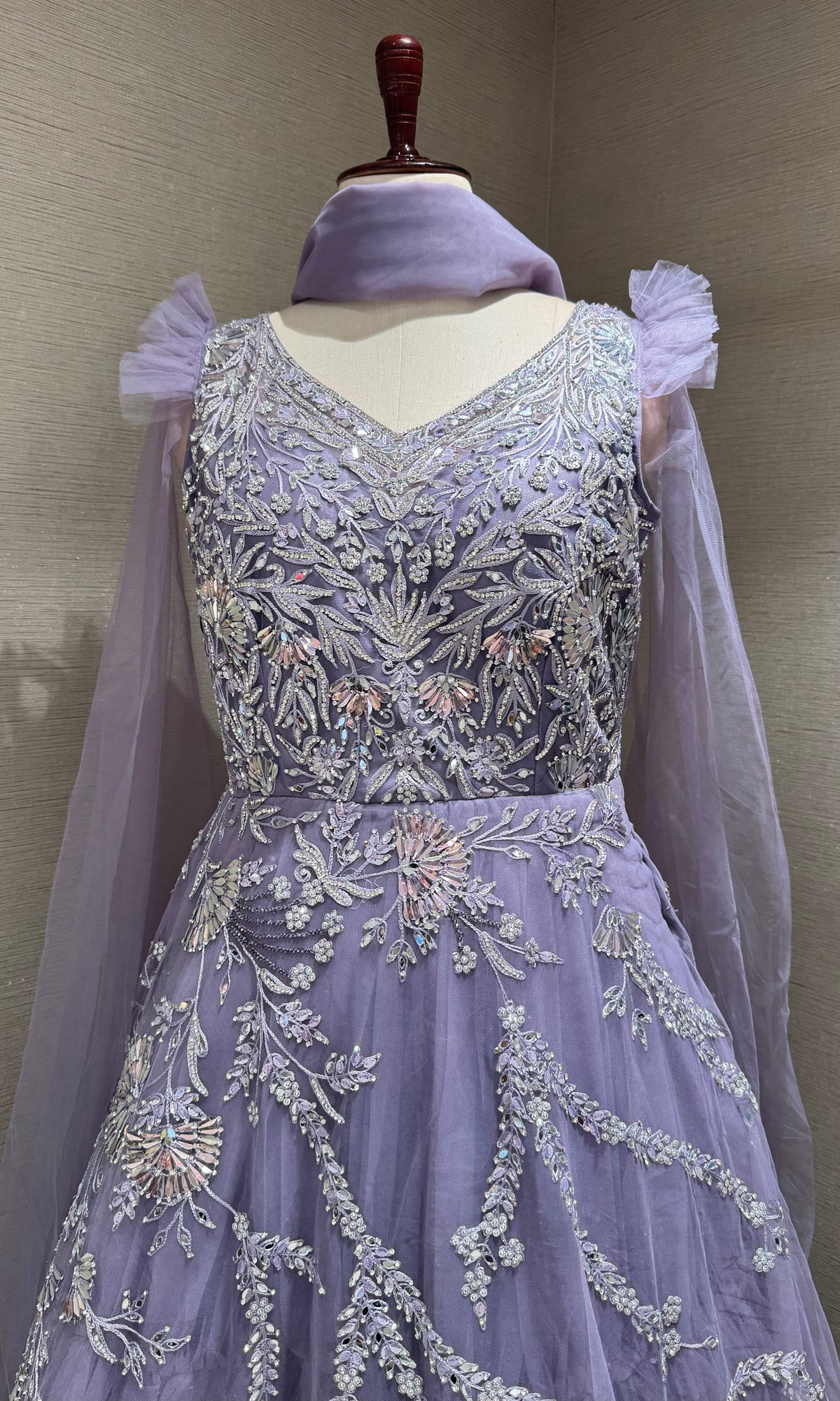 Purple Tulle Gown with Silver Floral Accents