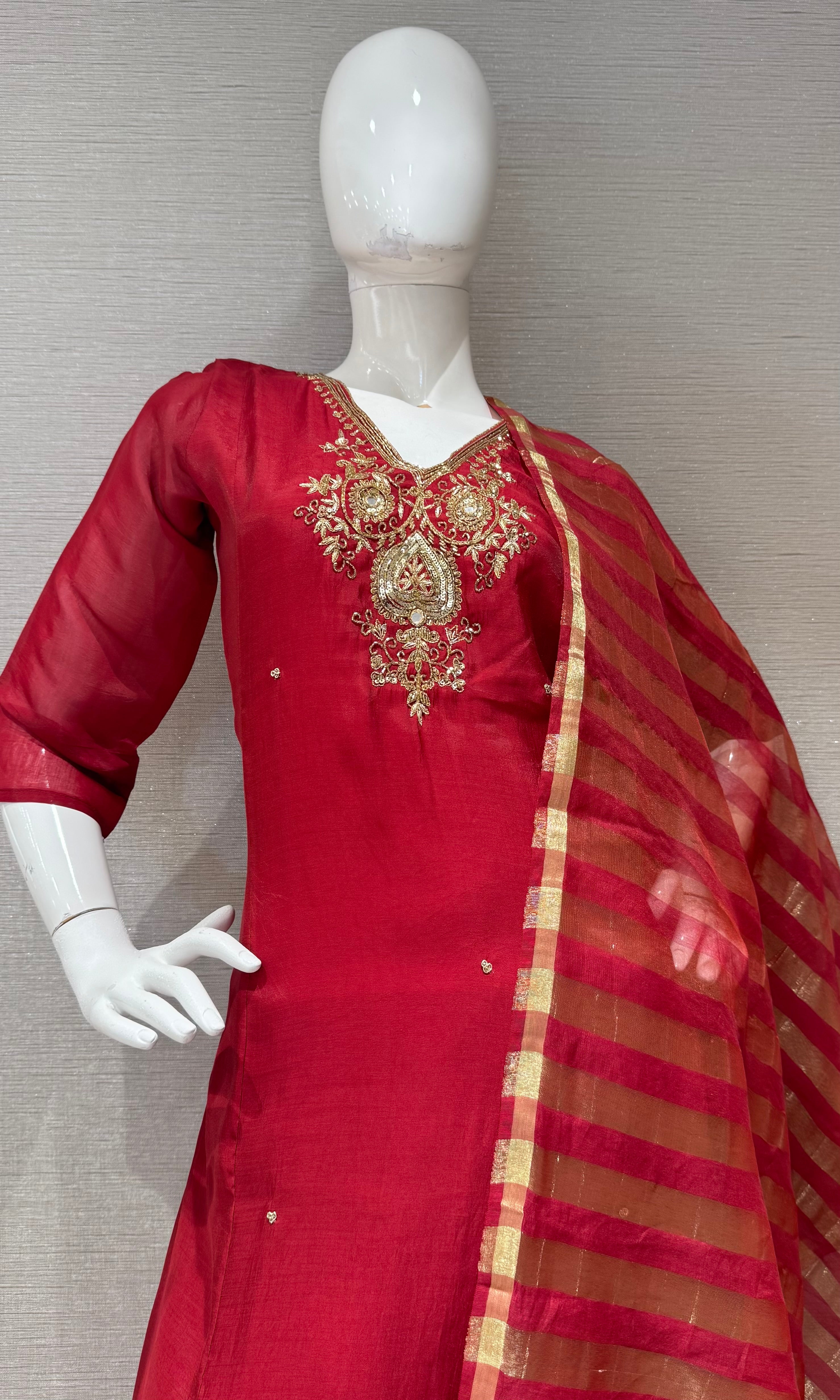 Maroon embroidered Silk Kurta Set with Sheer Dupatta