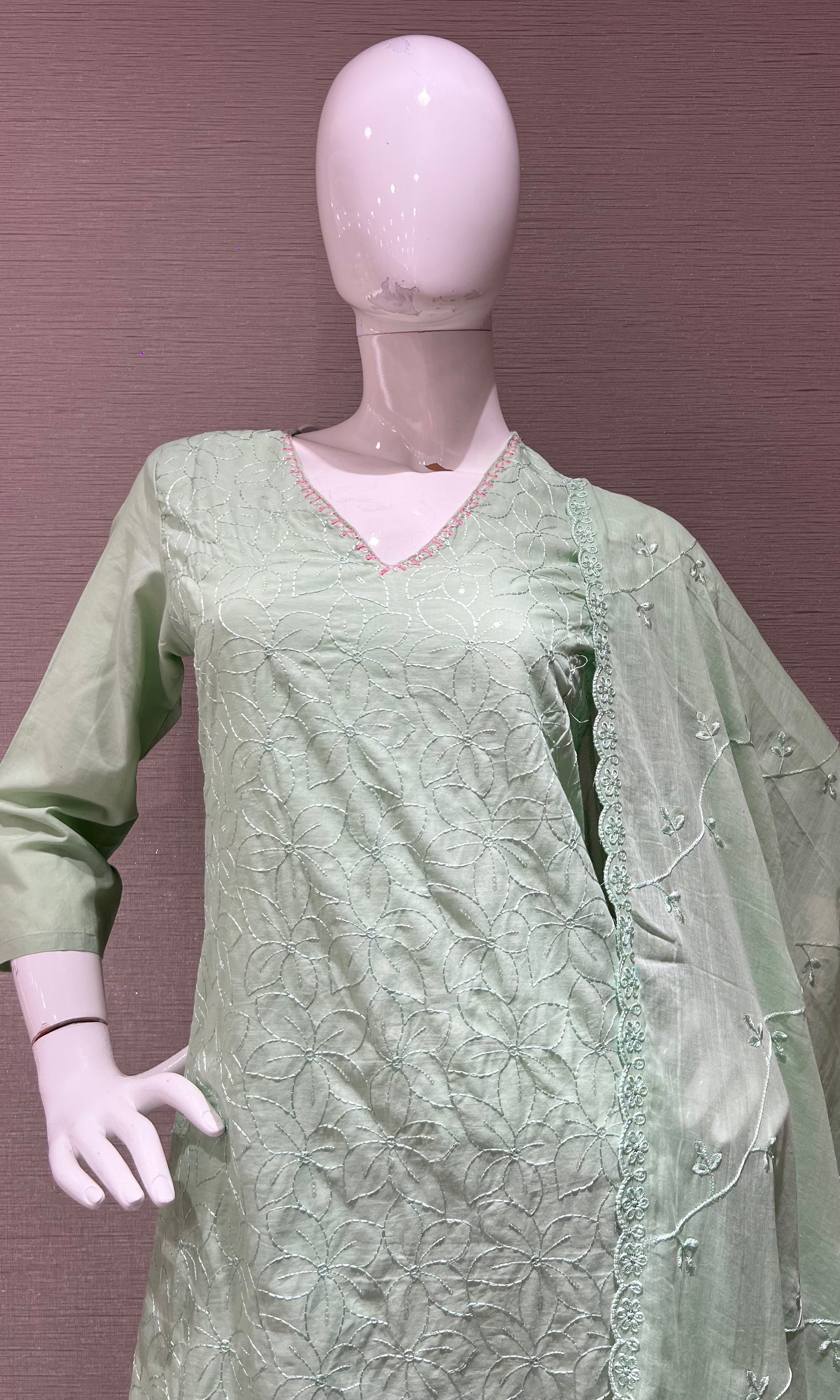 Pista Green Floral Kurta Set with Matching Dupatta
