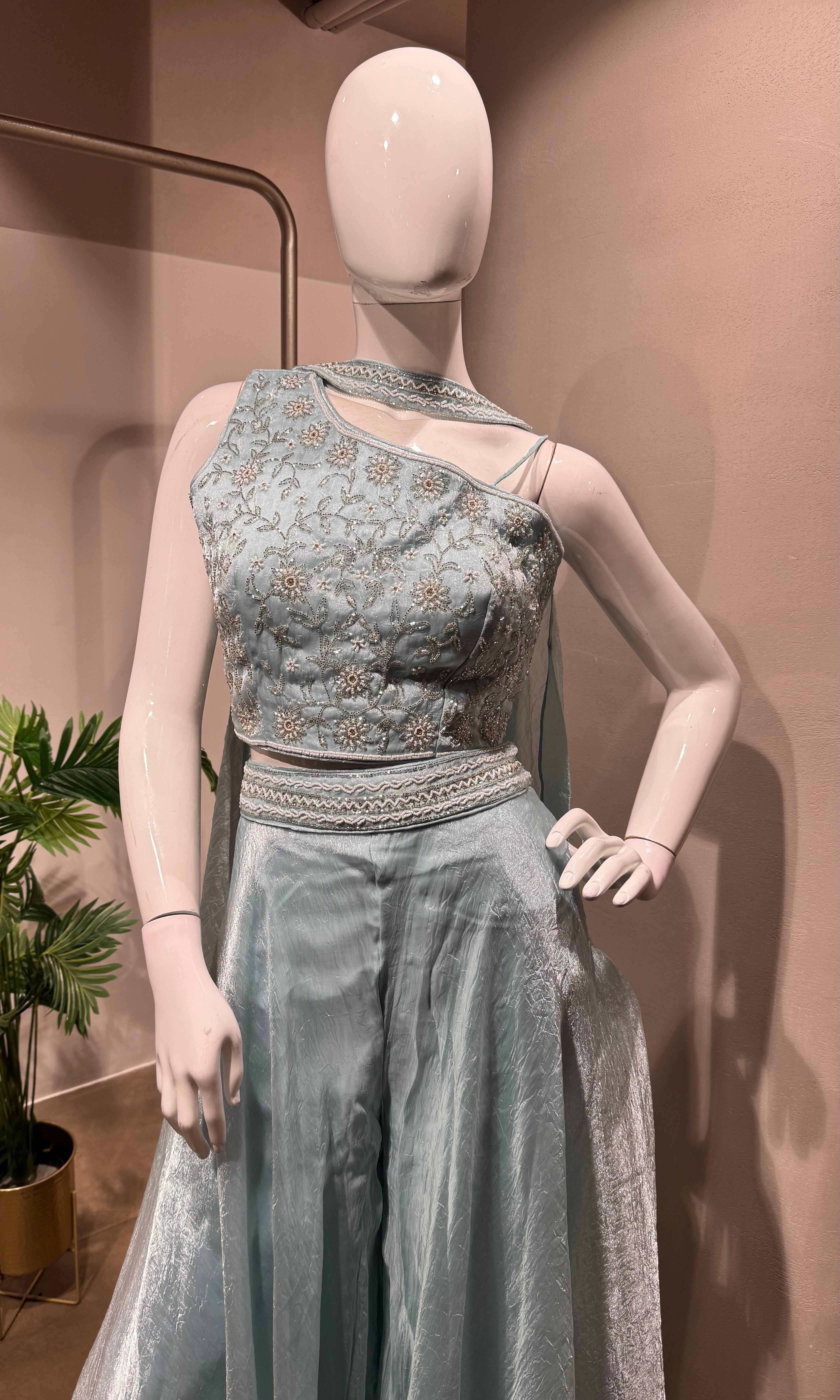 Blue palazo set with embroidered crop top