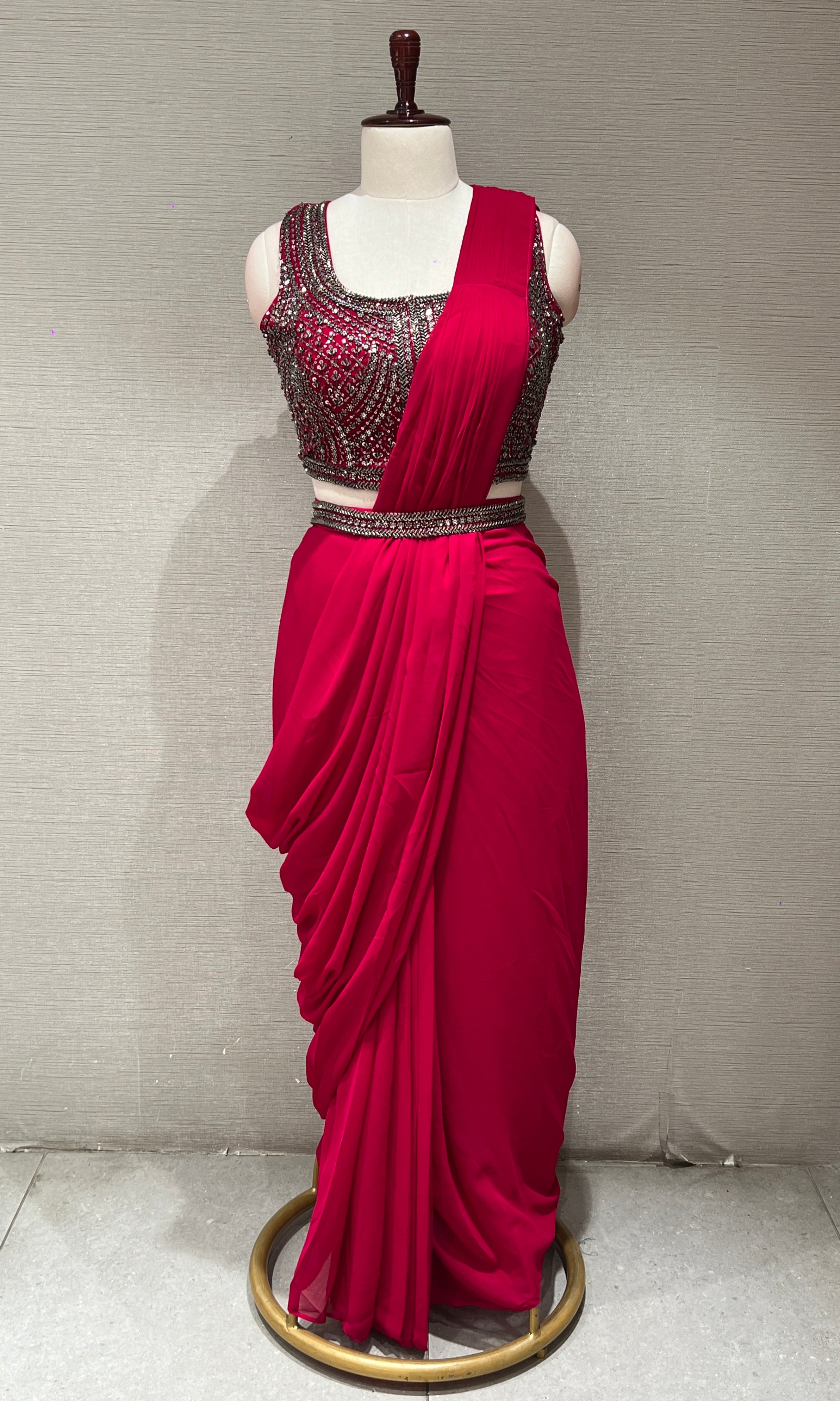 Rani Pink Draped Saree with Sequins Blouse