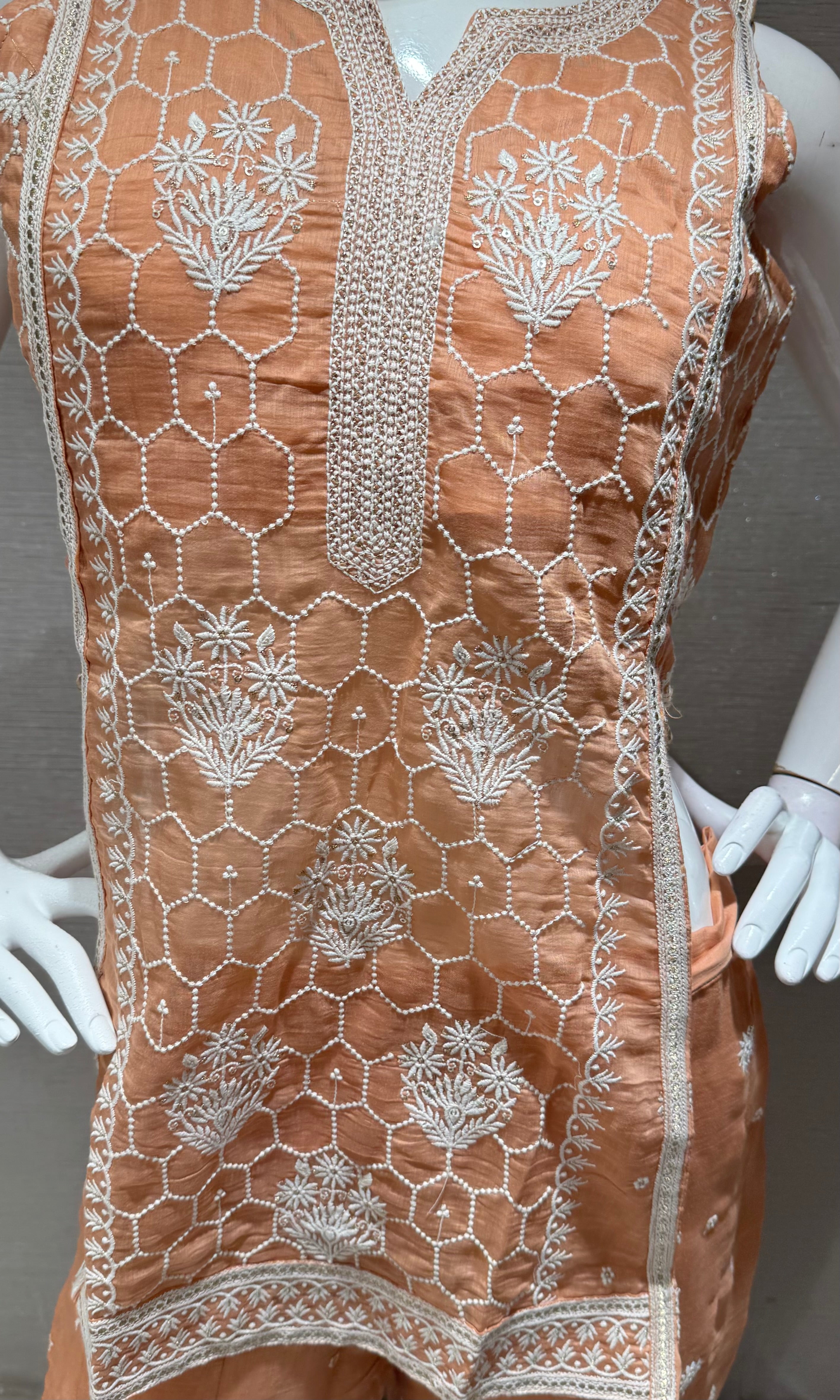 Peach Floral Embroidered Palazzo with Sheer Dupatta
