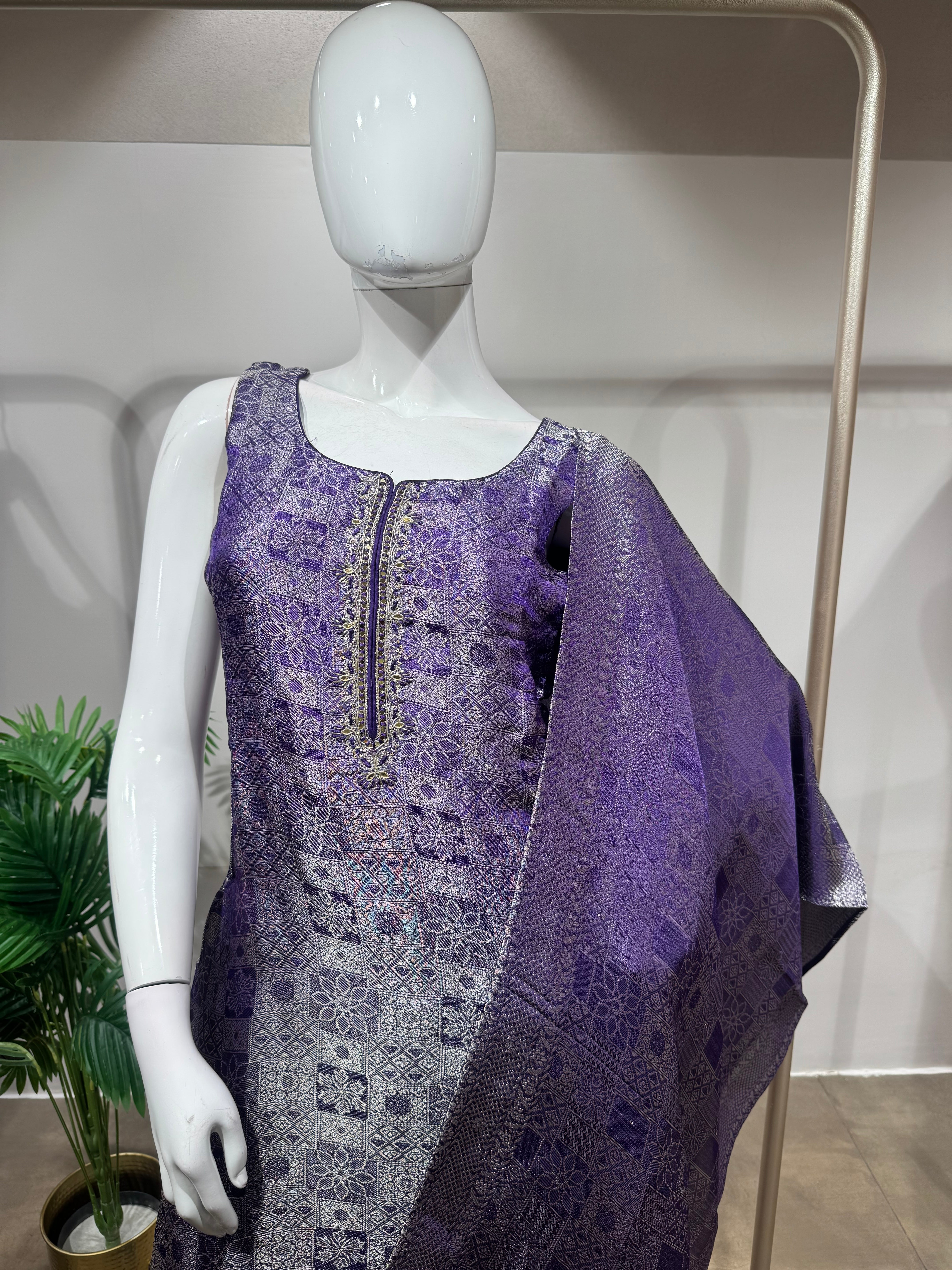 purple Banarasi silk kurta set