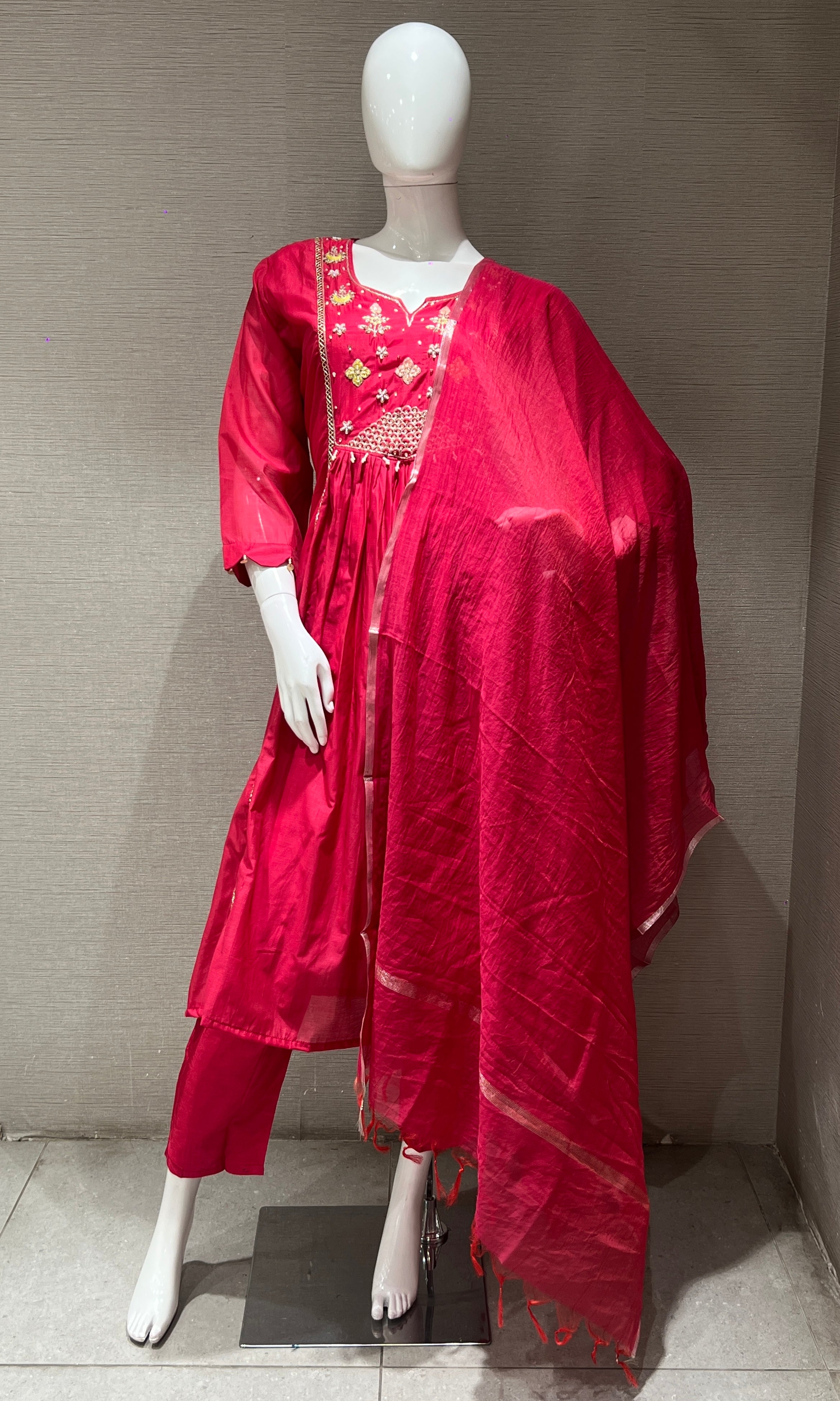 Pink MUL CHANDERI ANARKALI KURTA SET