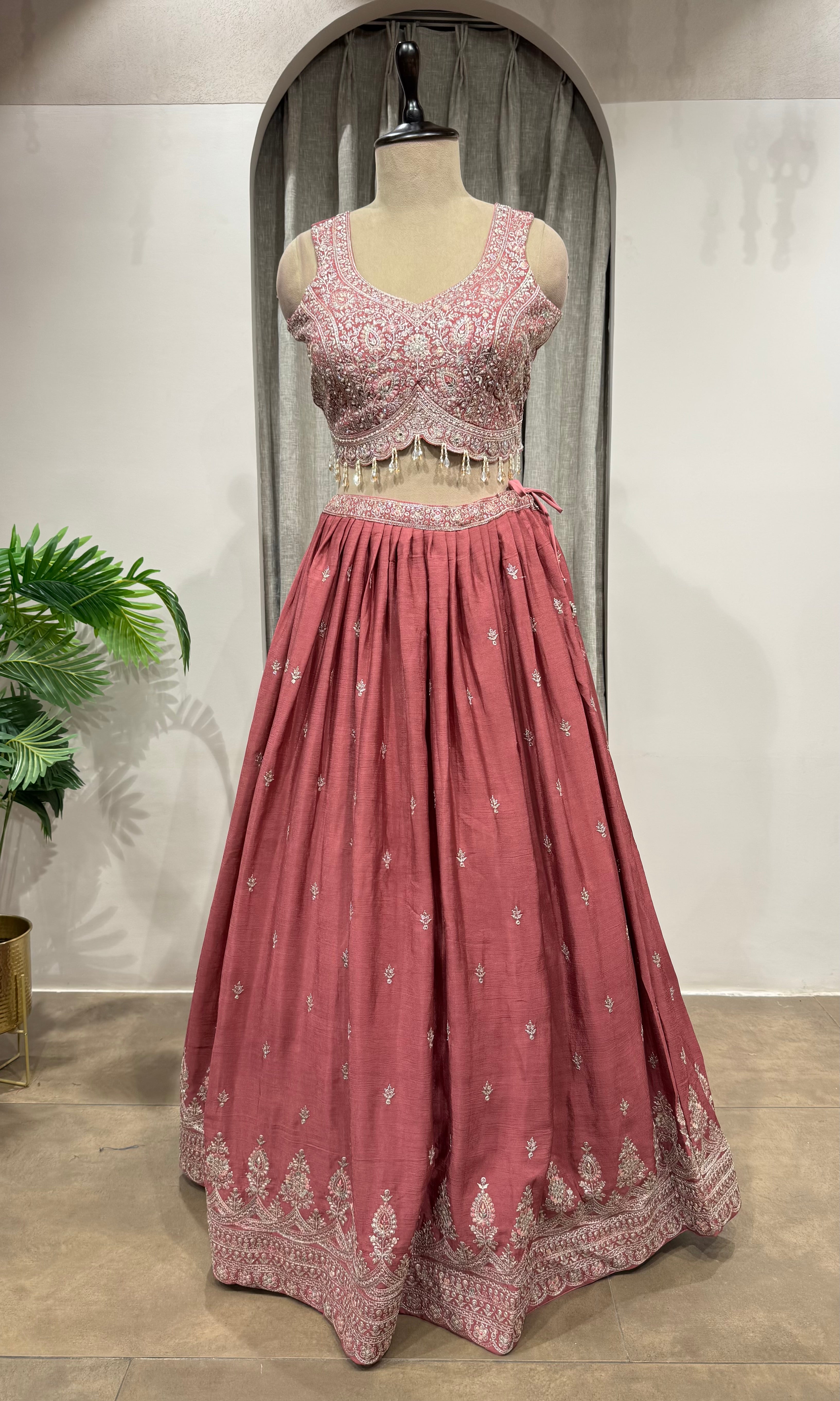 PINK Flared Lehenga Choli with Border Embroidery