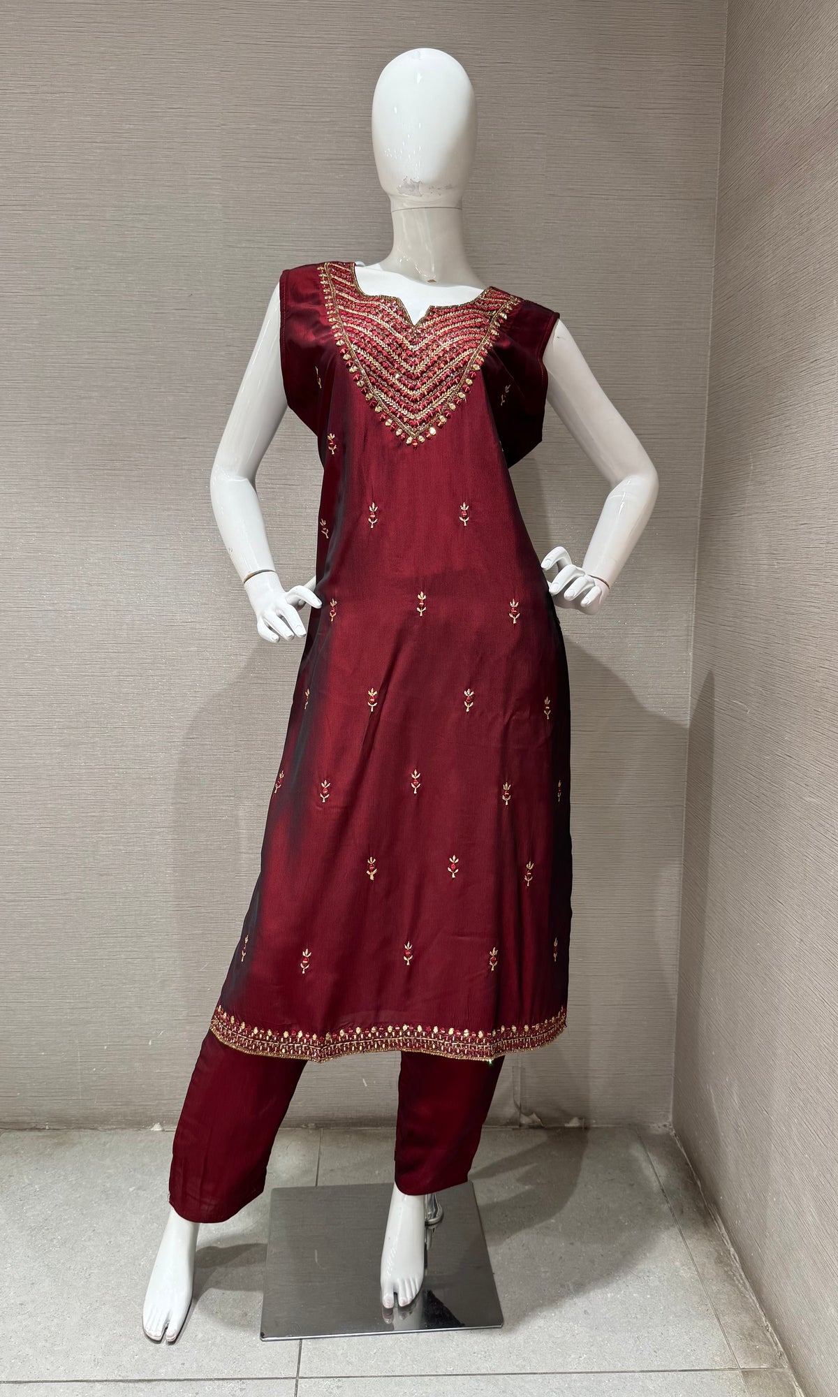 Maroon Golden Silk Embroidered Kurta Set