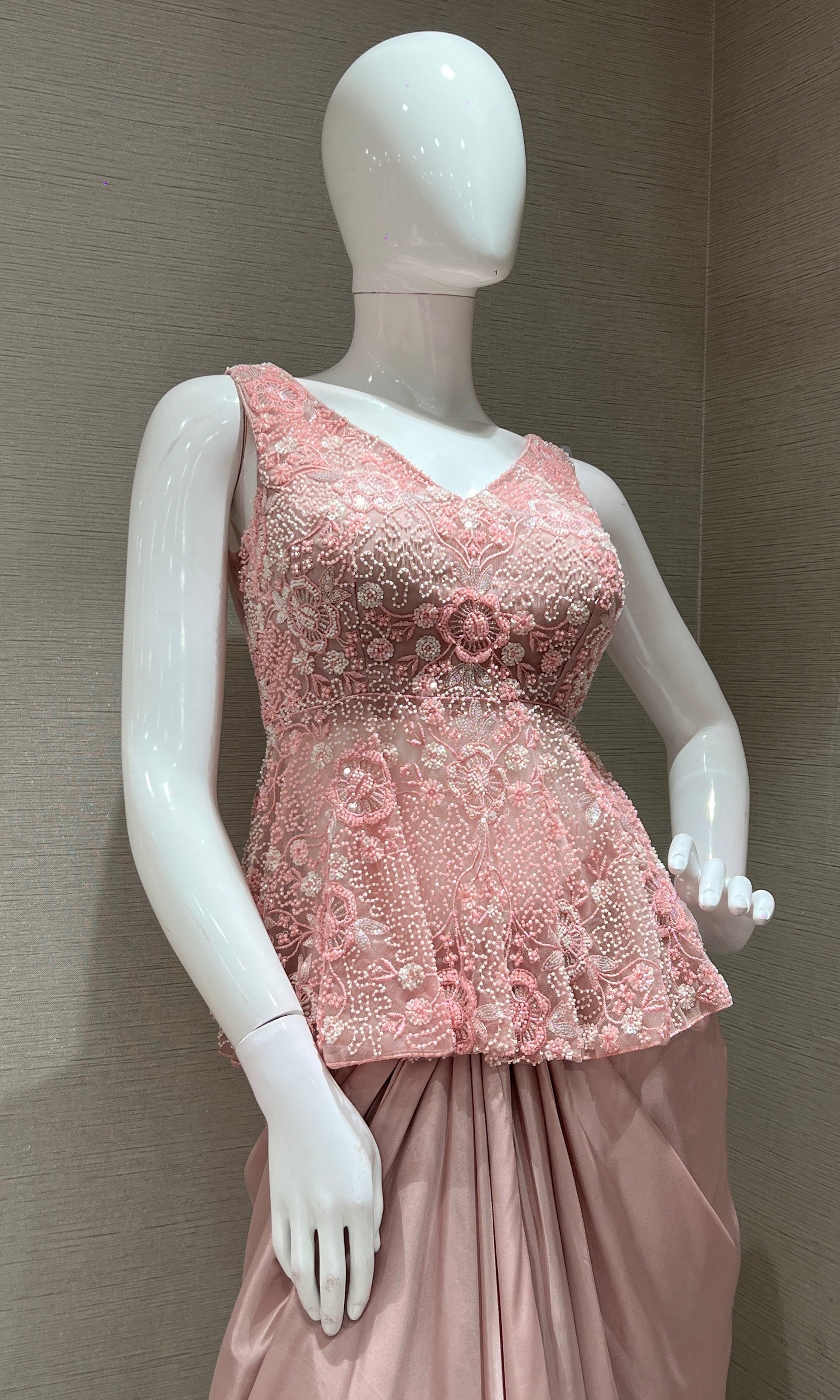 Baby pink EMBROIDERED PEPLUM BLOUSE WITH SKIRT