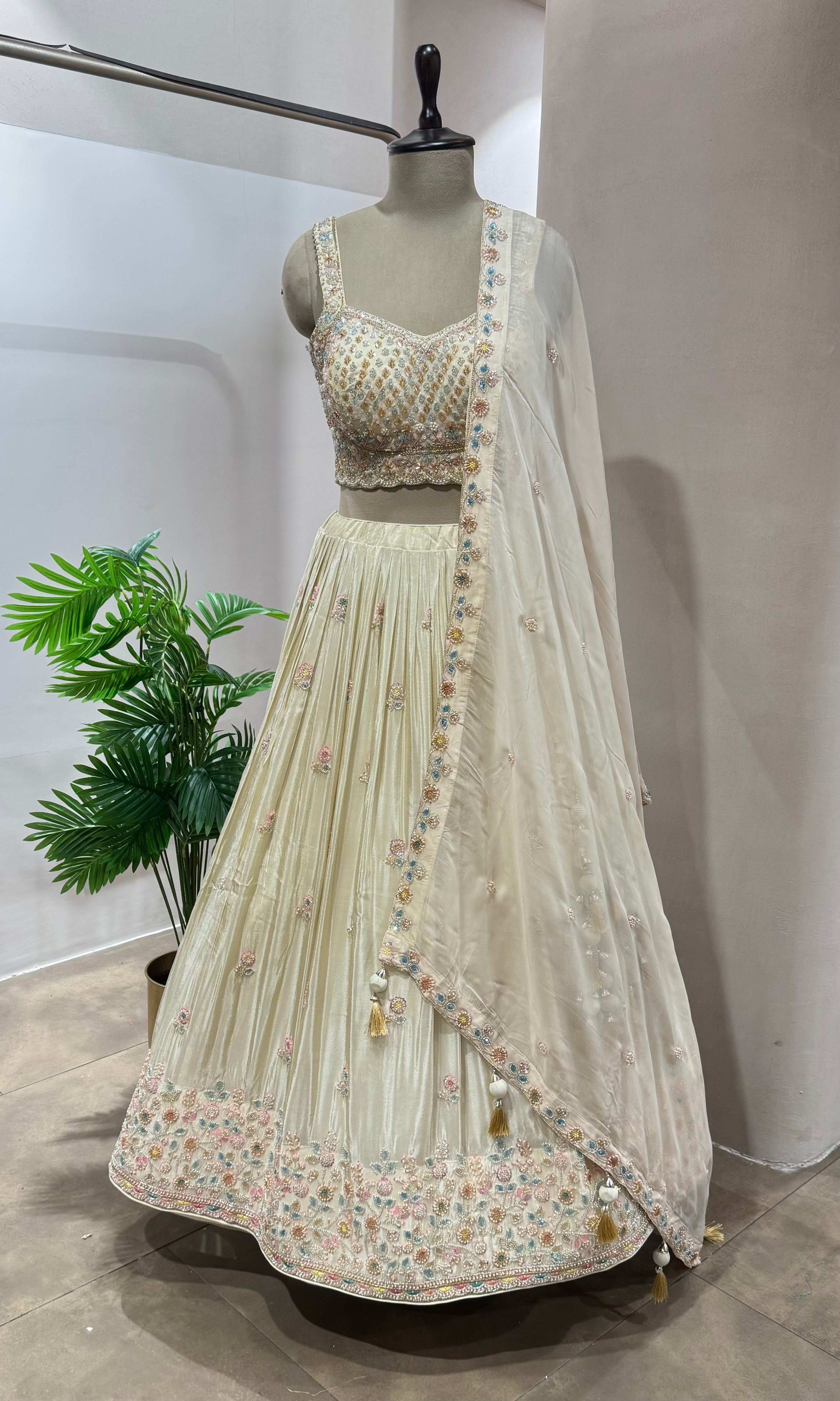 Cream FLORAL INTRICATE EMBROIDERY LEHENGA
