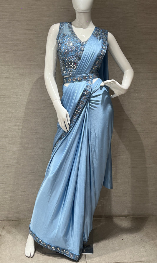 Blue one minute designer saree with mirror work