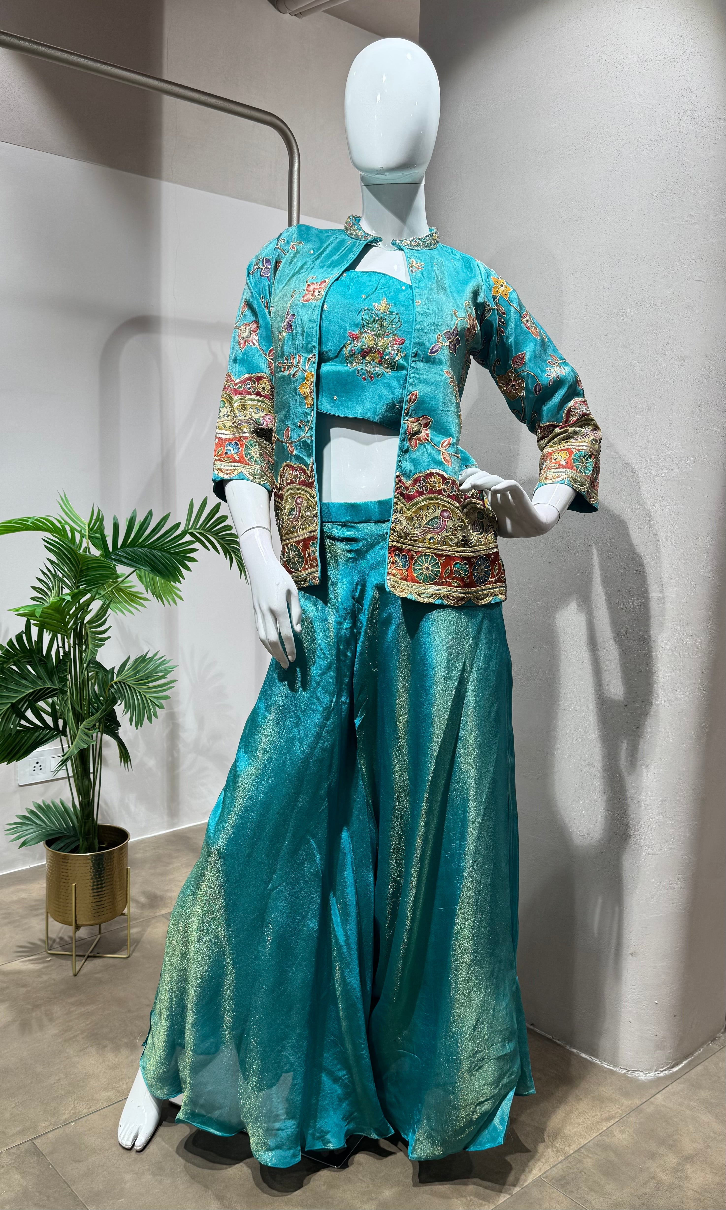 green Silk Jacket Style Palazzo set