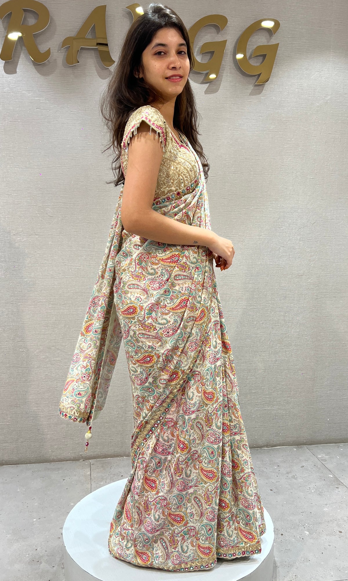 Green multicolor printed designer saree with embroidered blouse