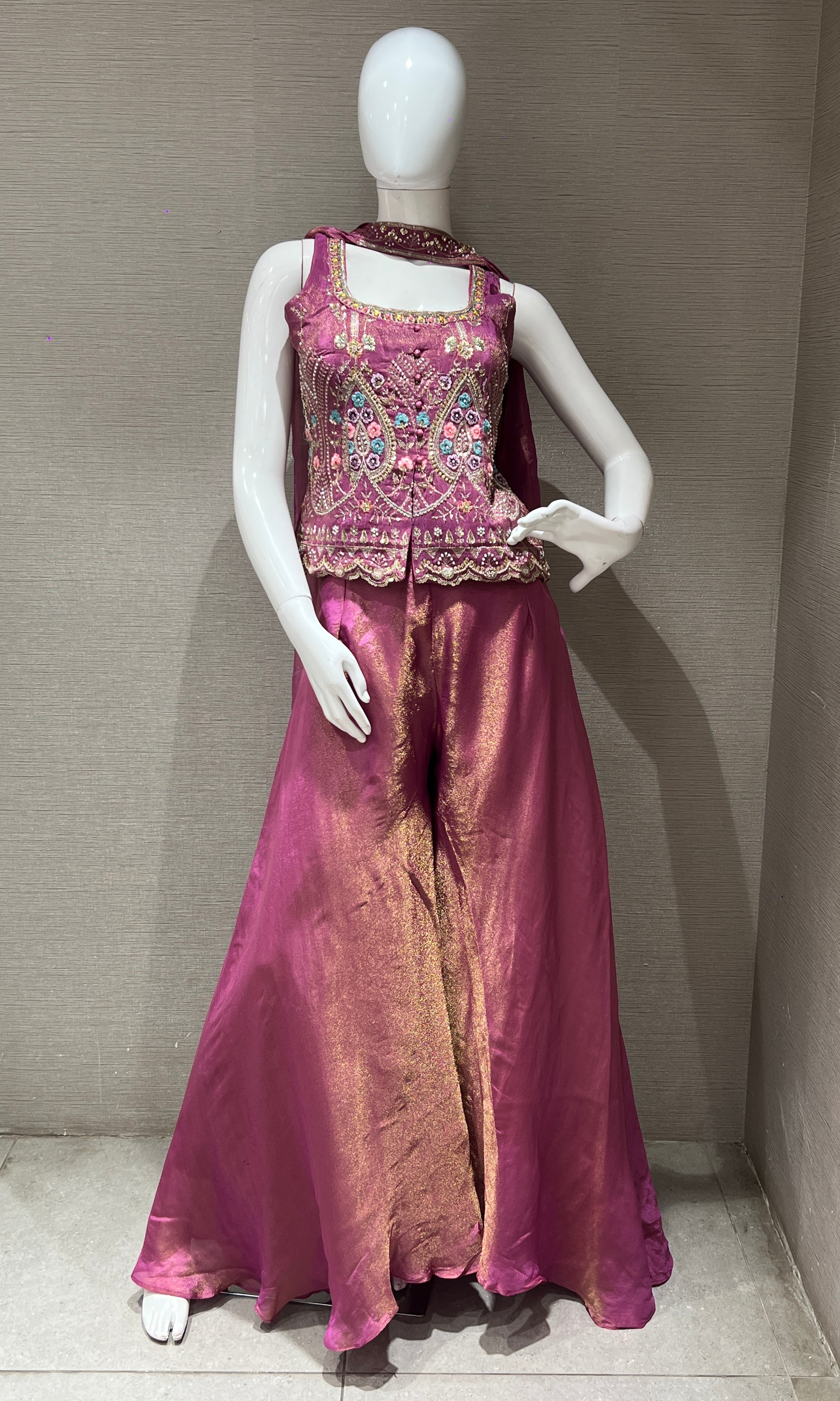 Onion Pink Embroidered Palazzo SET