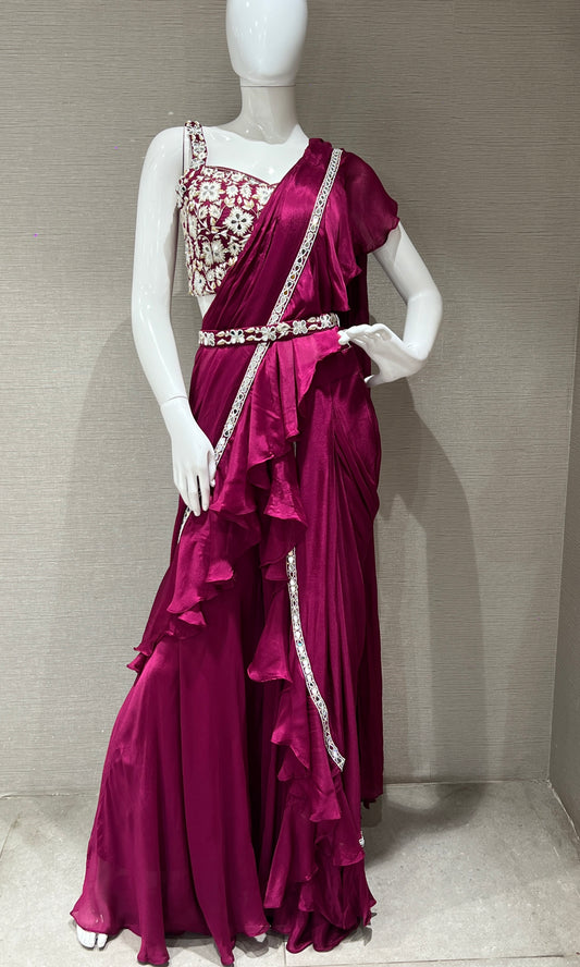 Wine designer work one minute saree with belt