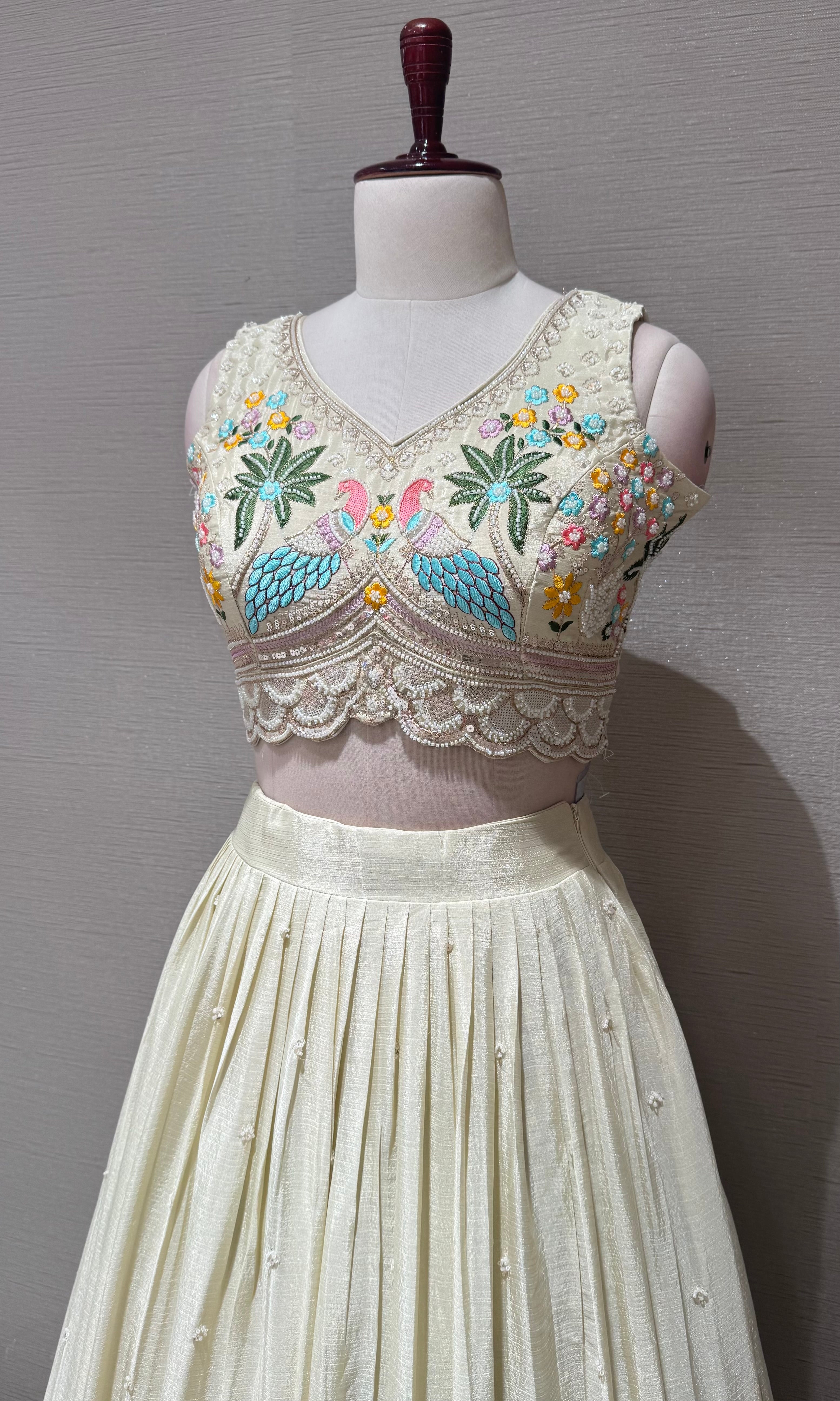 Cream Tissue silk Lehenga with Peacock & Floral Embroidery