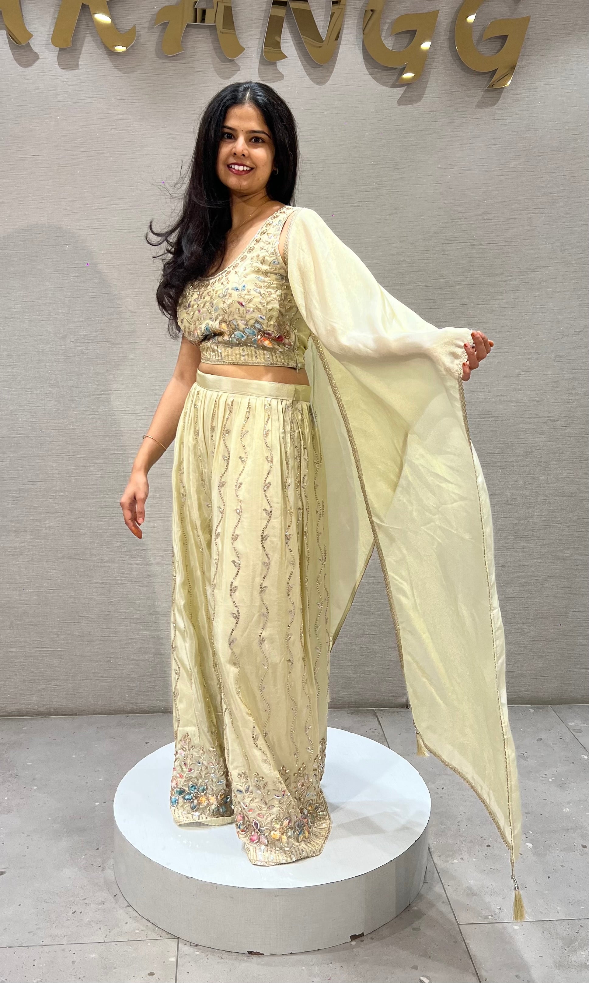 Half white Embroidered Tissue silk Crop Top Palazzo Set with Dupatta
