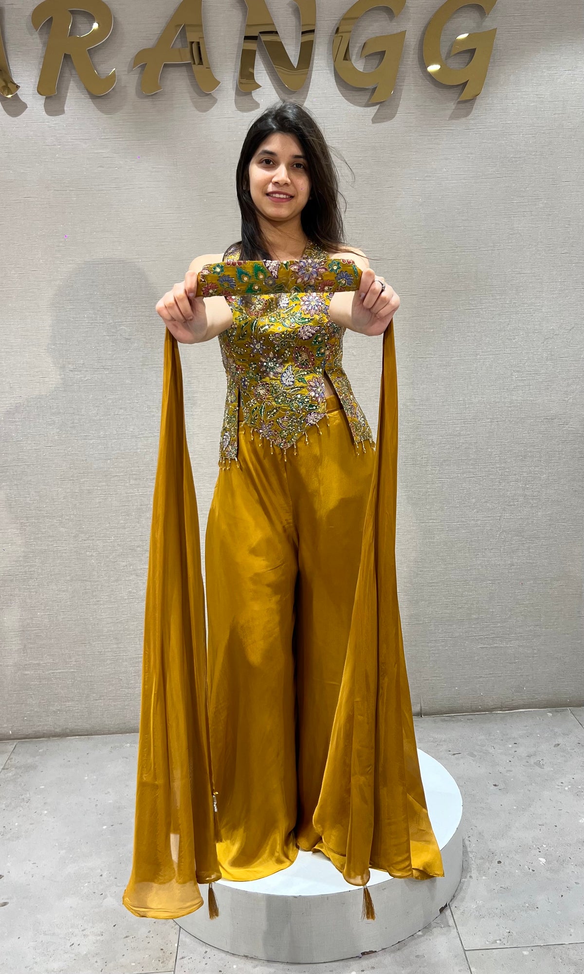 Mustard Gold Satin silk Embroidered Palazzo Set