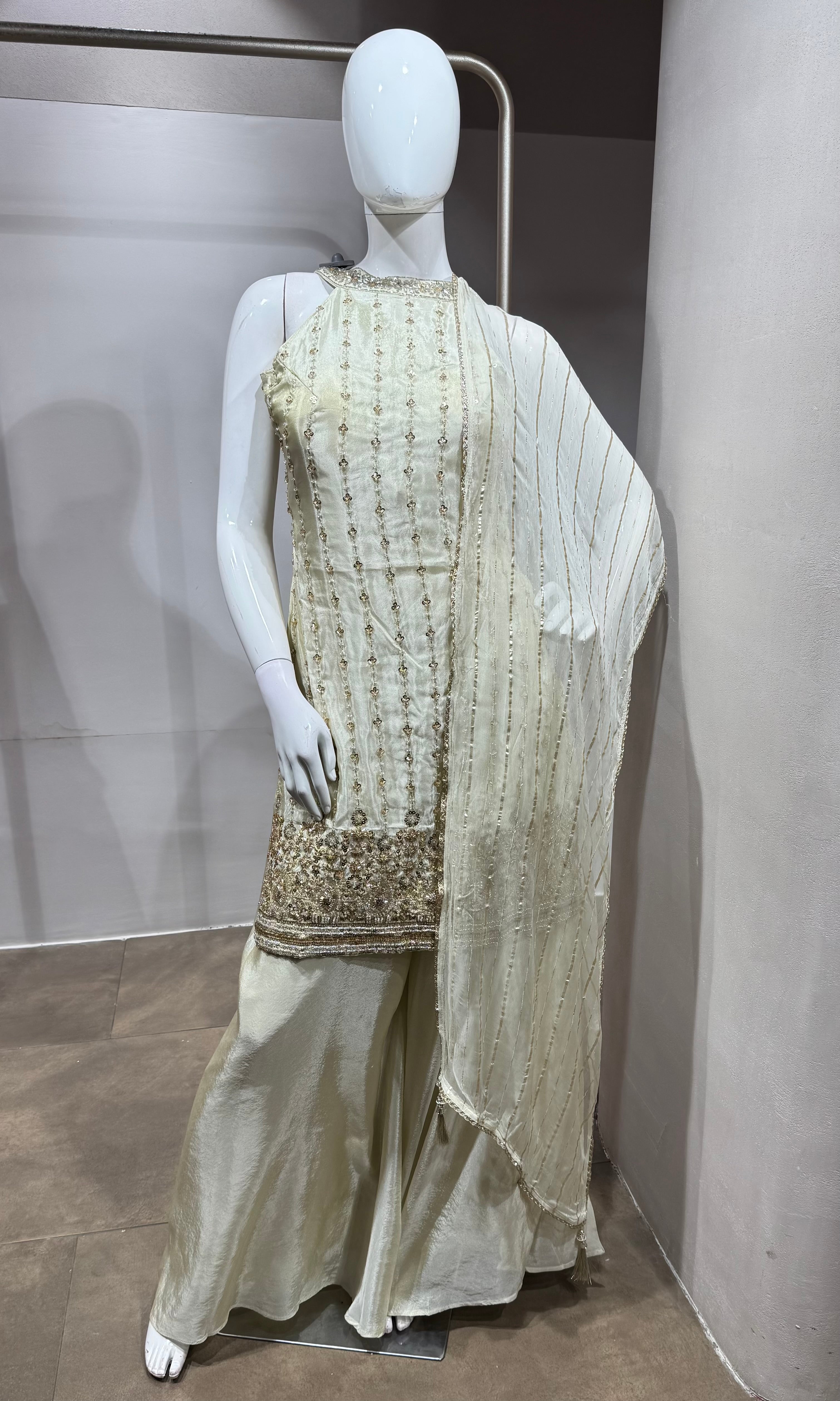 Cream Georgette Sharara Set with Dupatta