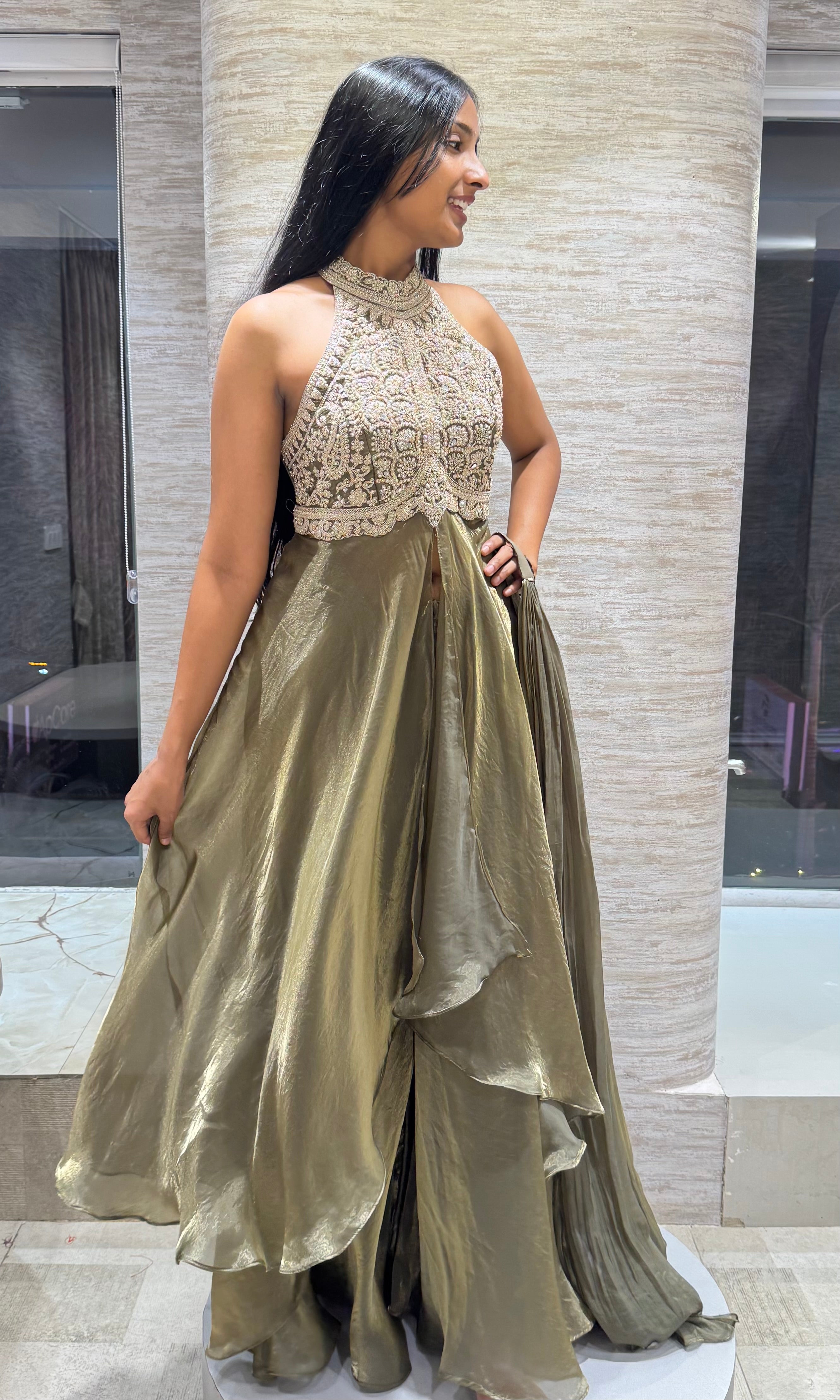 HALTER NECK ANARKALI SLIT TOP WITH FLARED PANTS