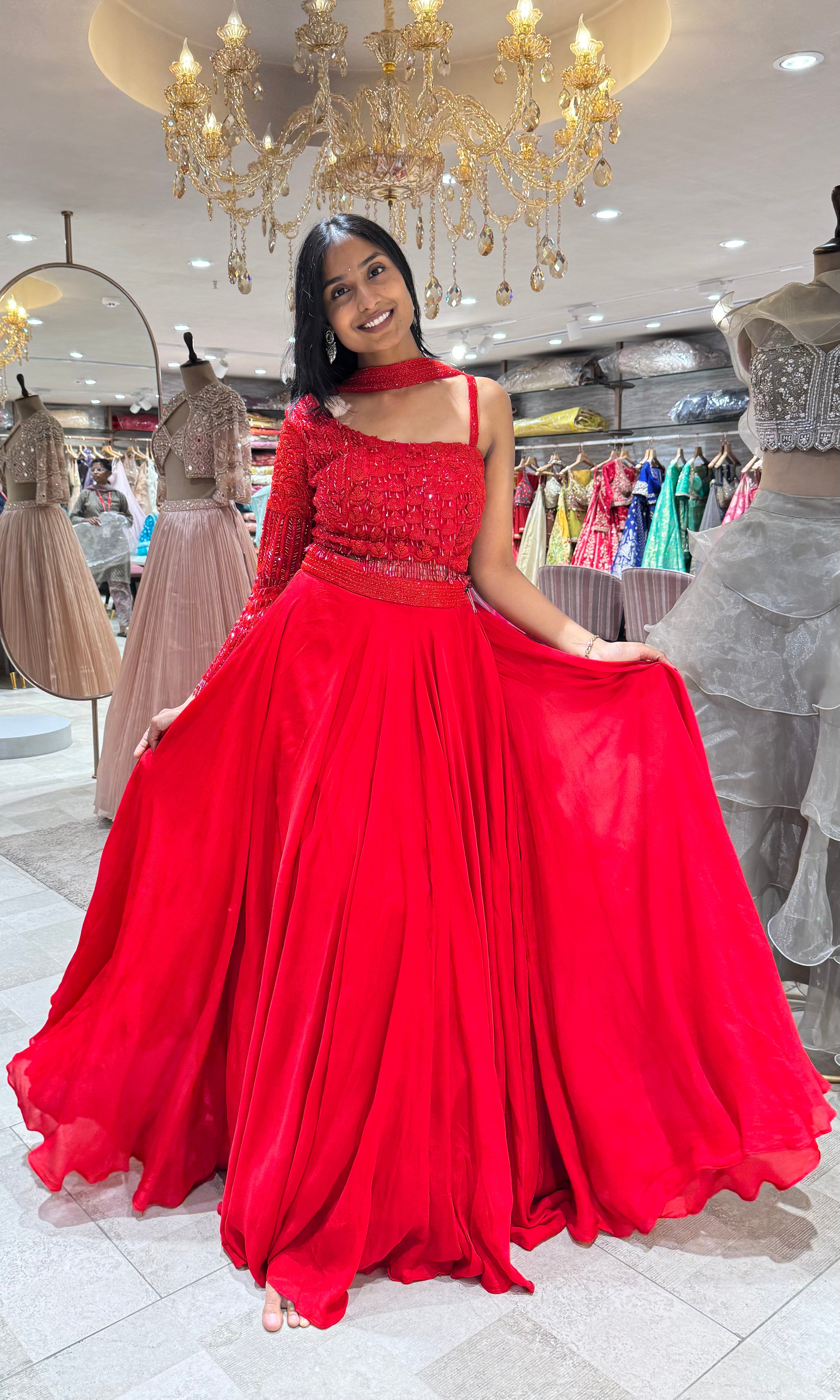 Red EMBELLISHED LEHENGA