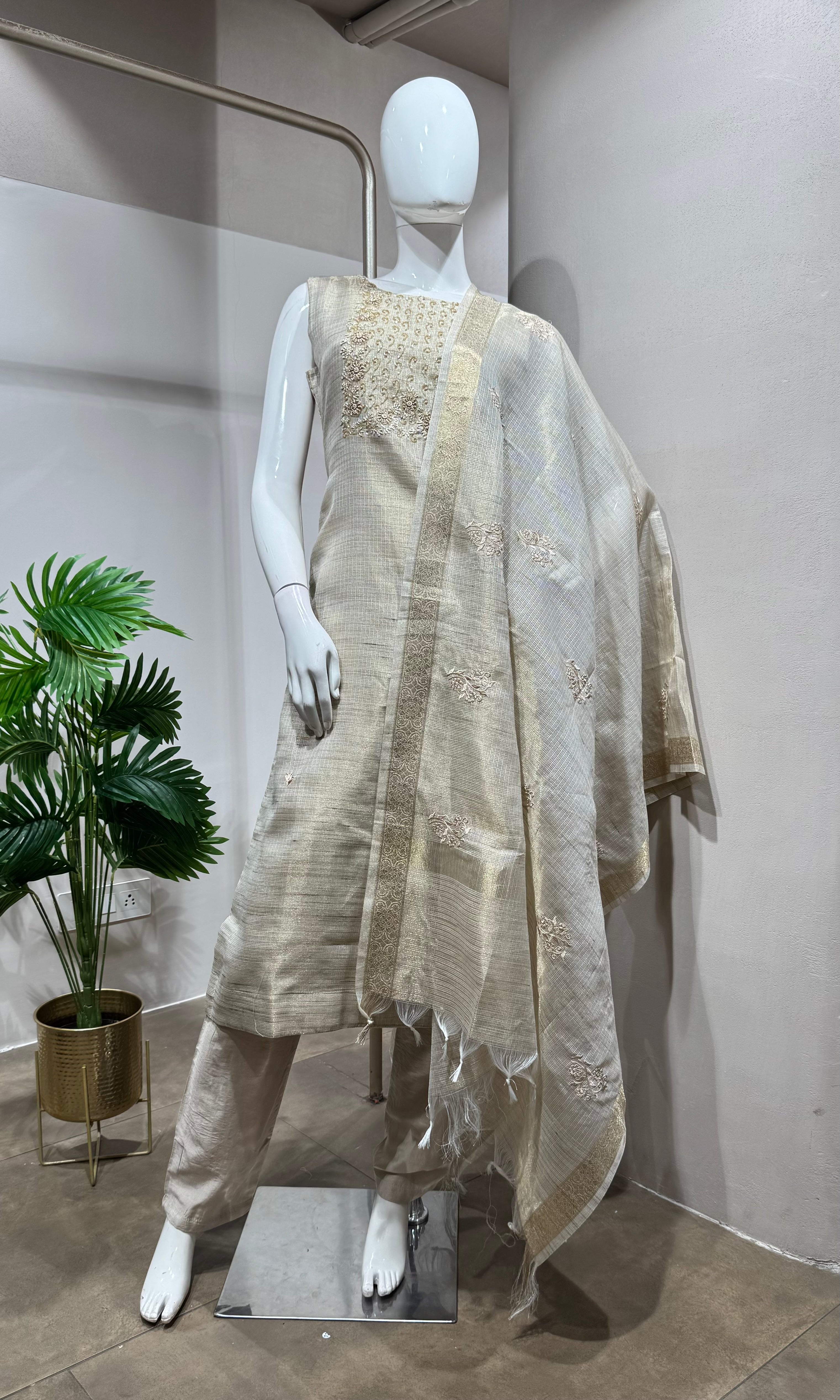 Fawn Elegant Kurta Set with Striped Dupatta