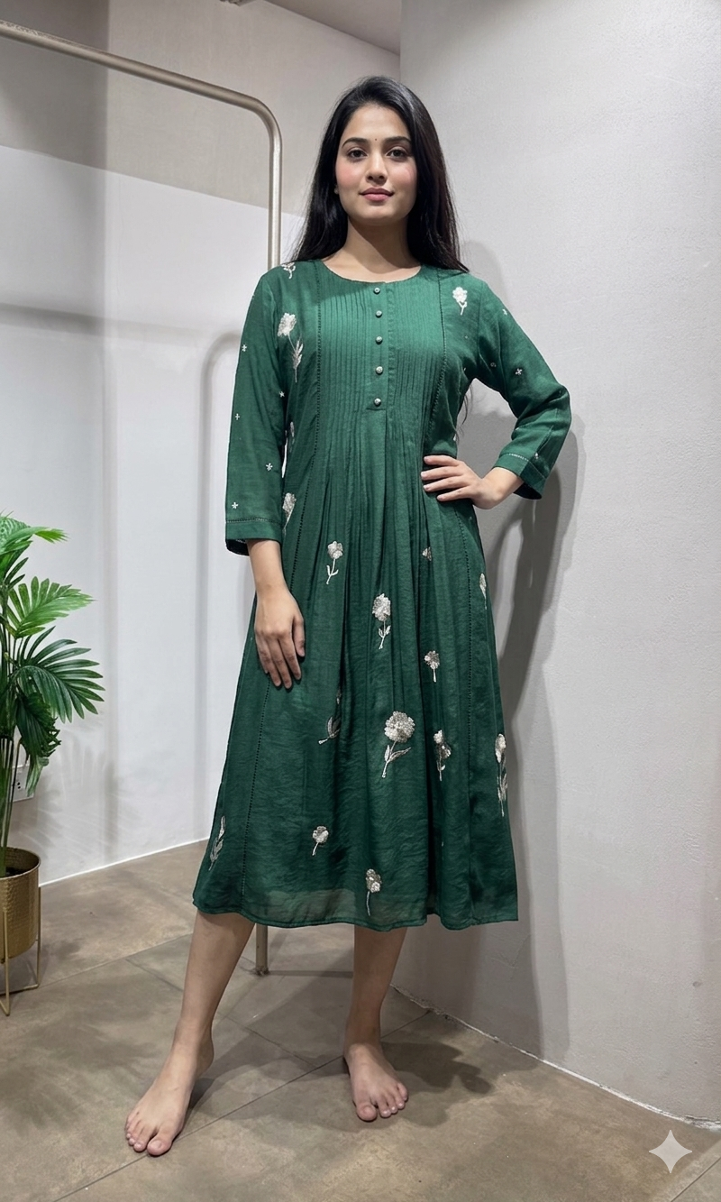 Green Linen Georgette Frock Style Kurti