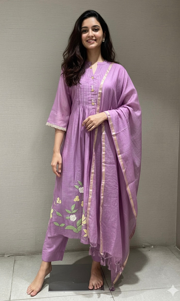 Purple FLORAL MUL CHANDERI KURTA SET
