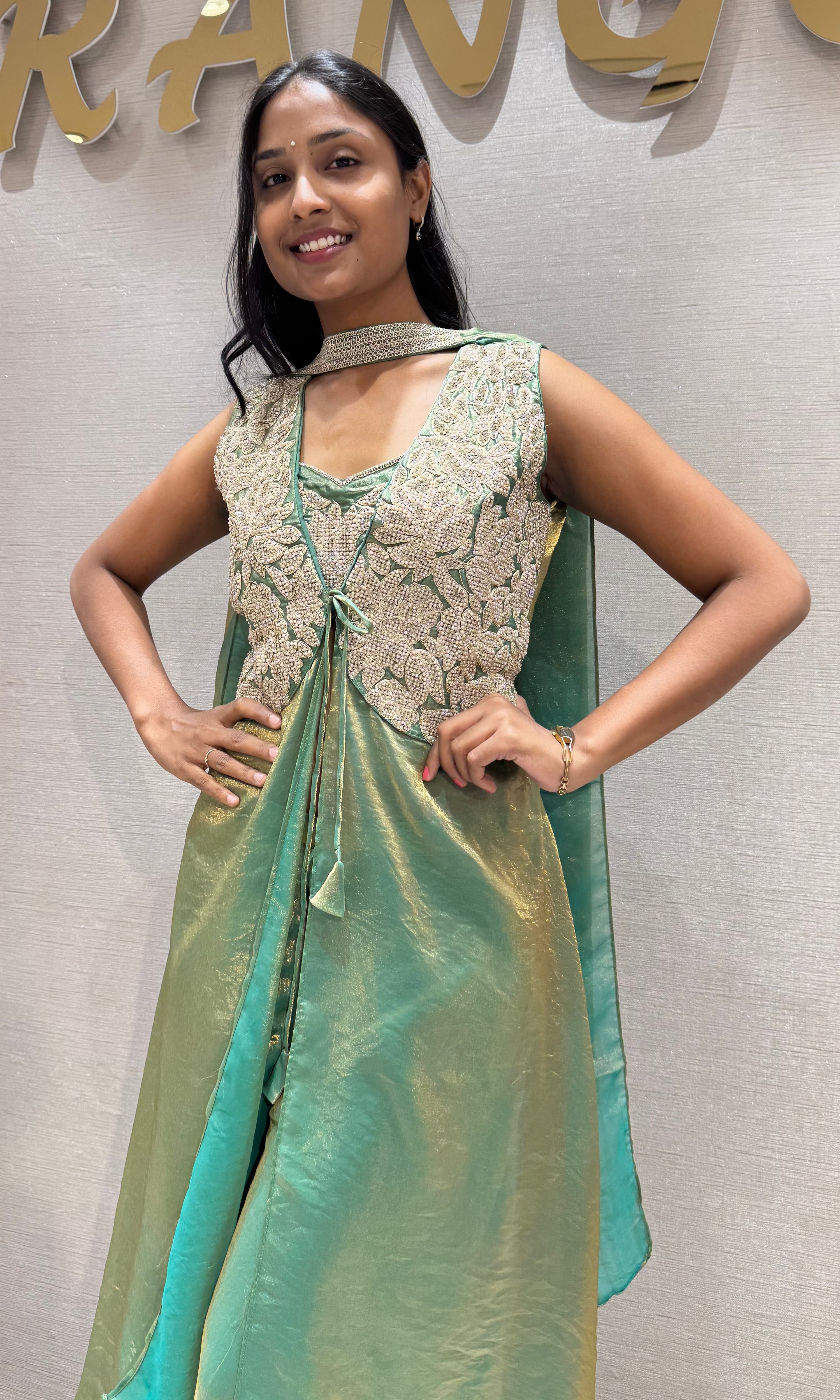 Rama Green Shimmer Tissue Palazzo Set