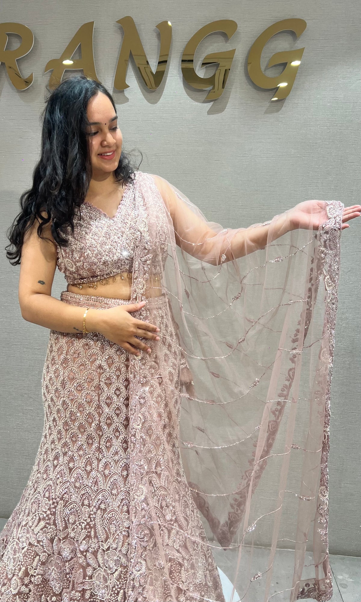 Onion Pink Embroidered fish cut Lehenga with Sheer Dupatta