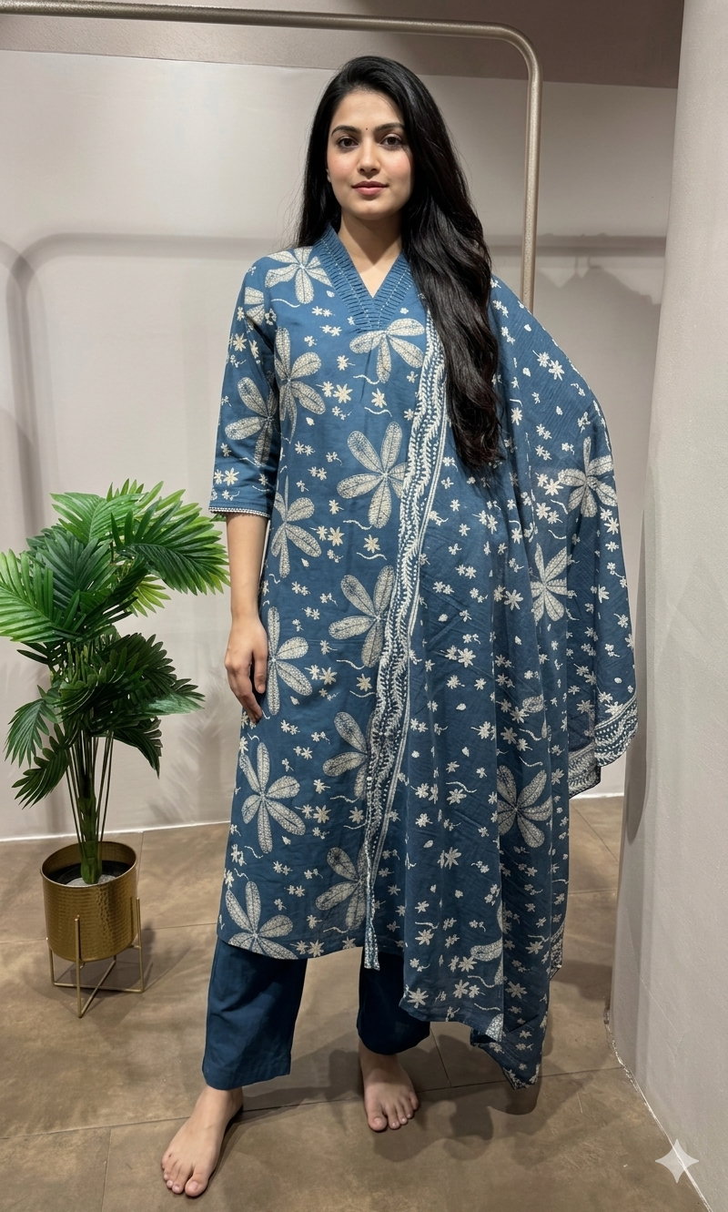 blue floral printed kurta set