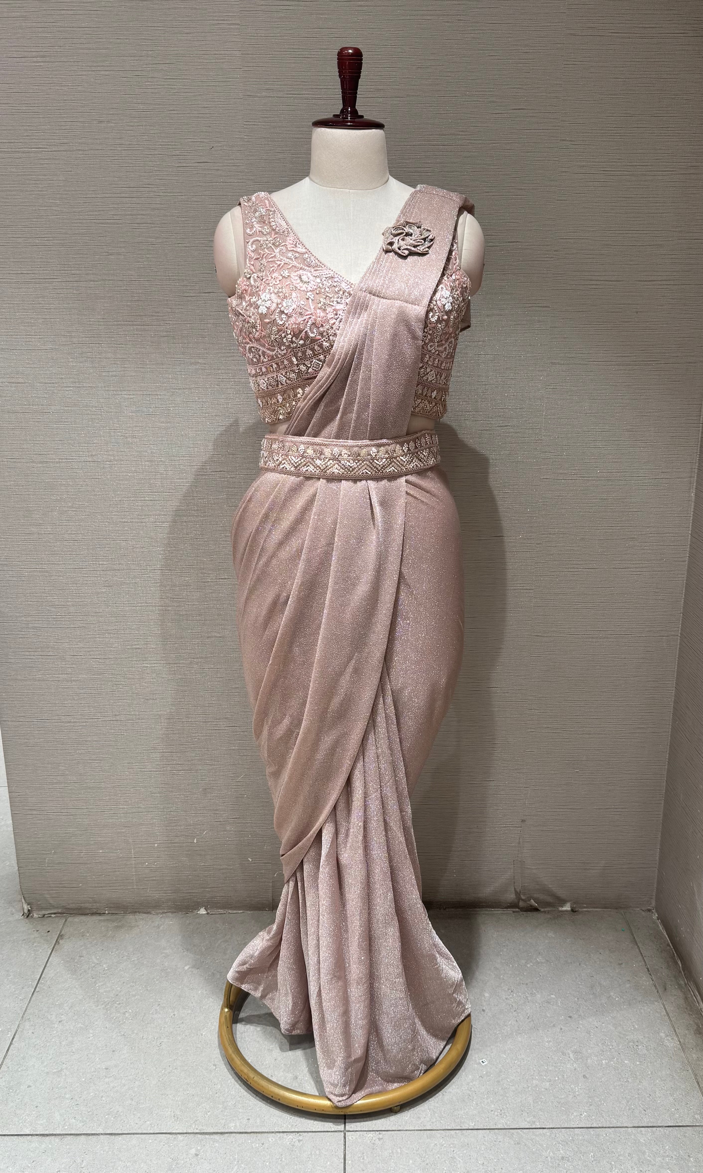 Rose Gold Shimmer Pre-Draped Saree With blouse & belt