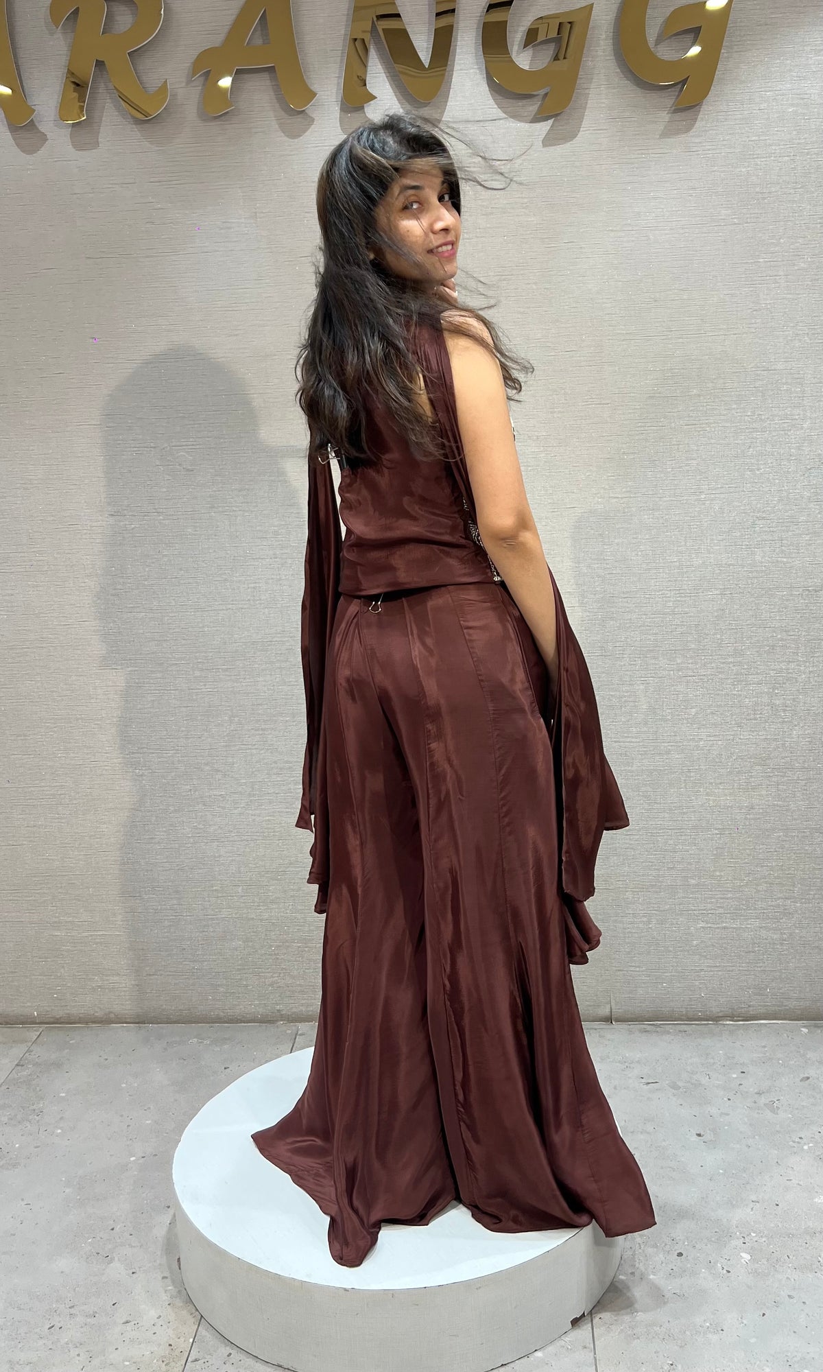 Brown Silk golden floral embroidered peplum palazzo set