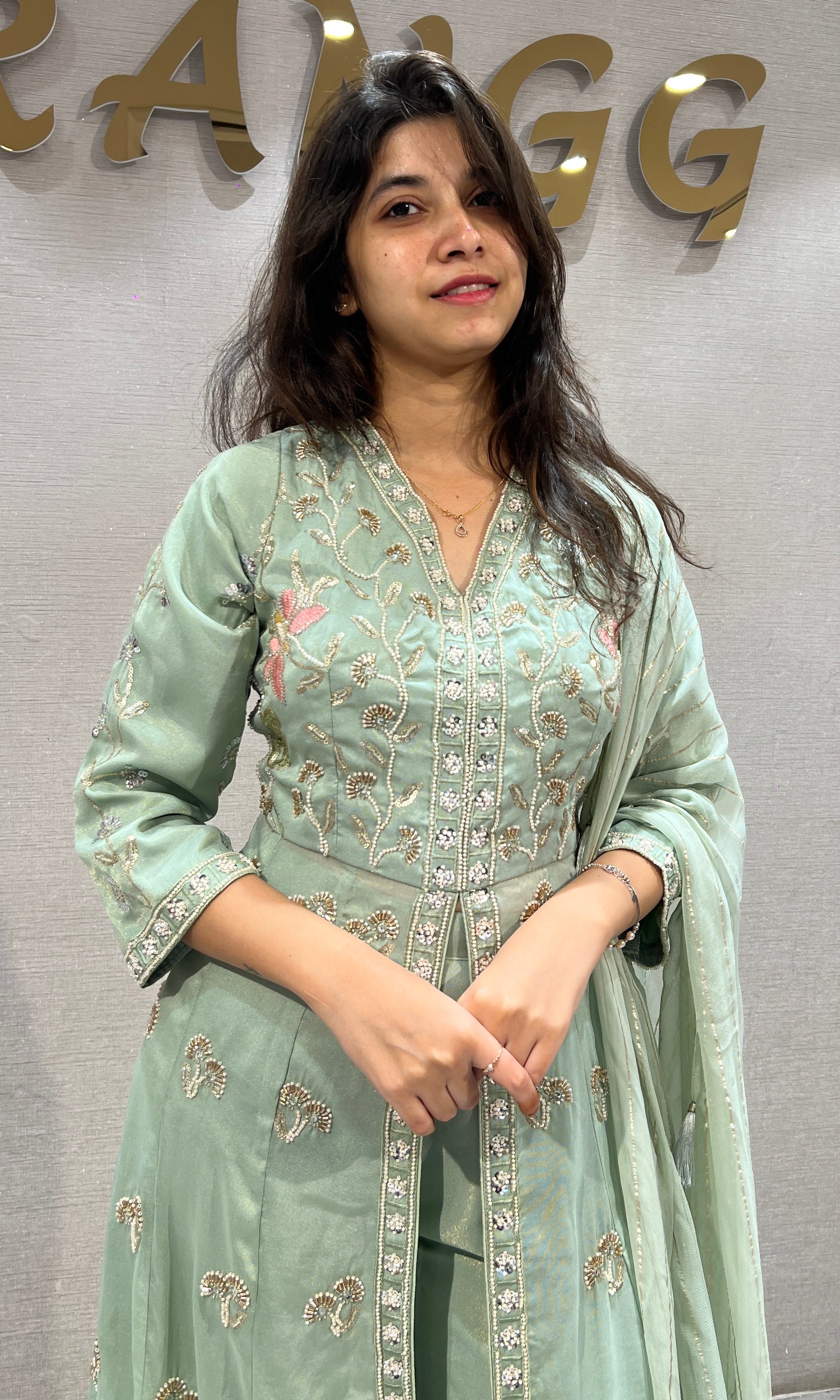 Sea Green Ethnic Anarkali front slit with Palazzo pants